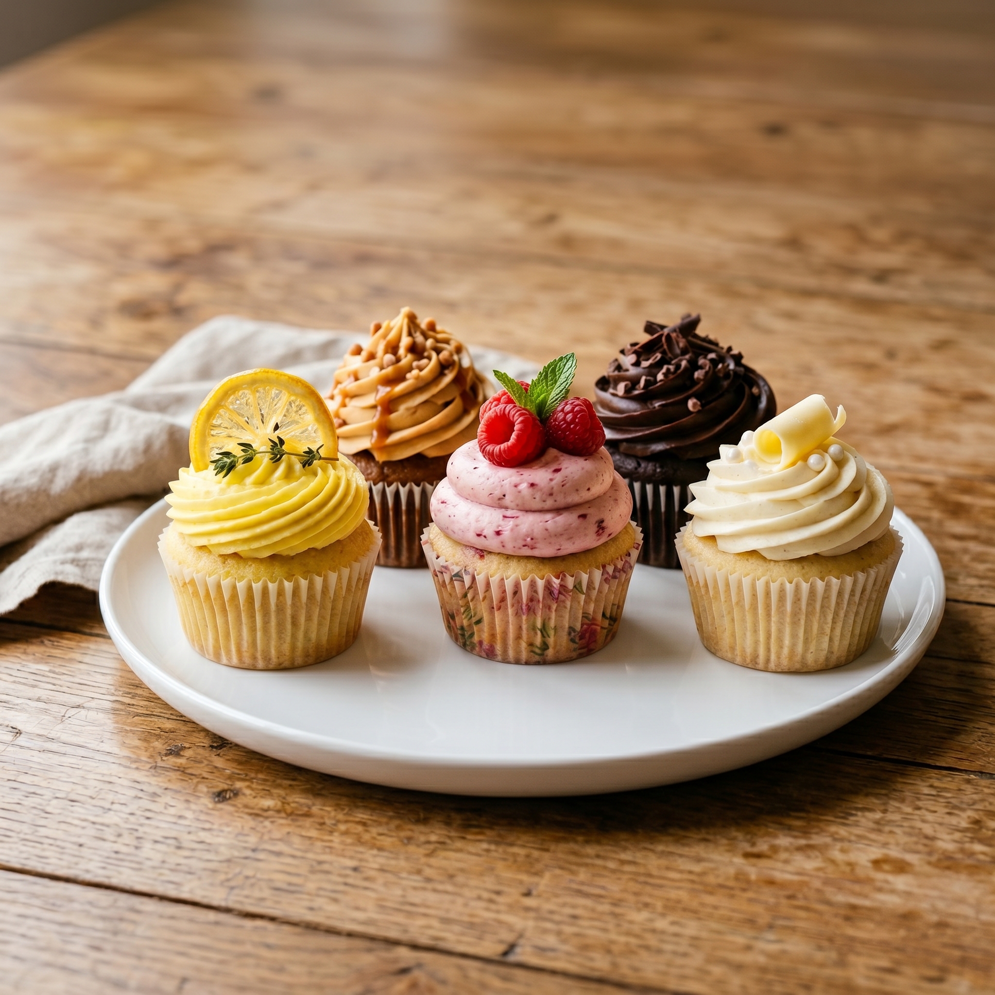 Assorted cupcakes with varied frostings on a white ceramic plate