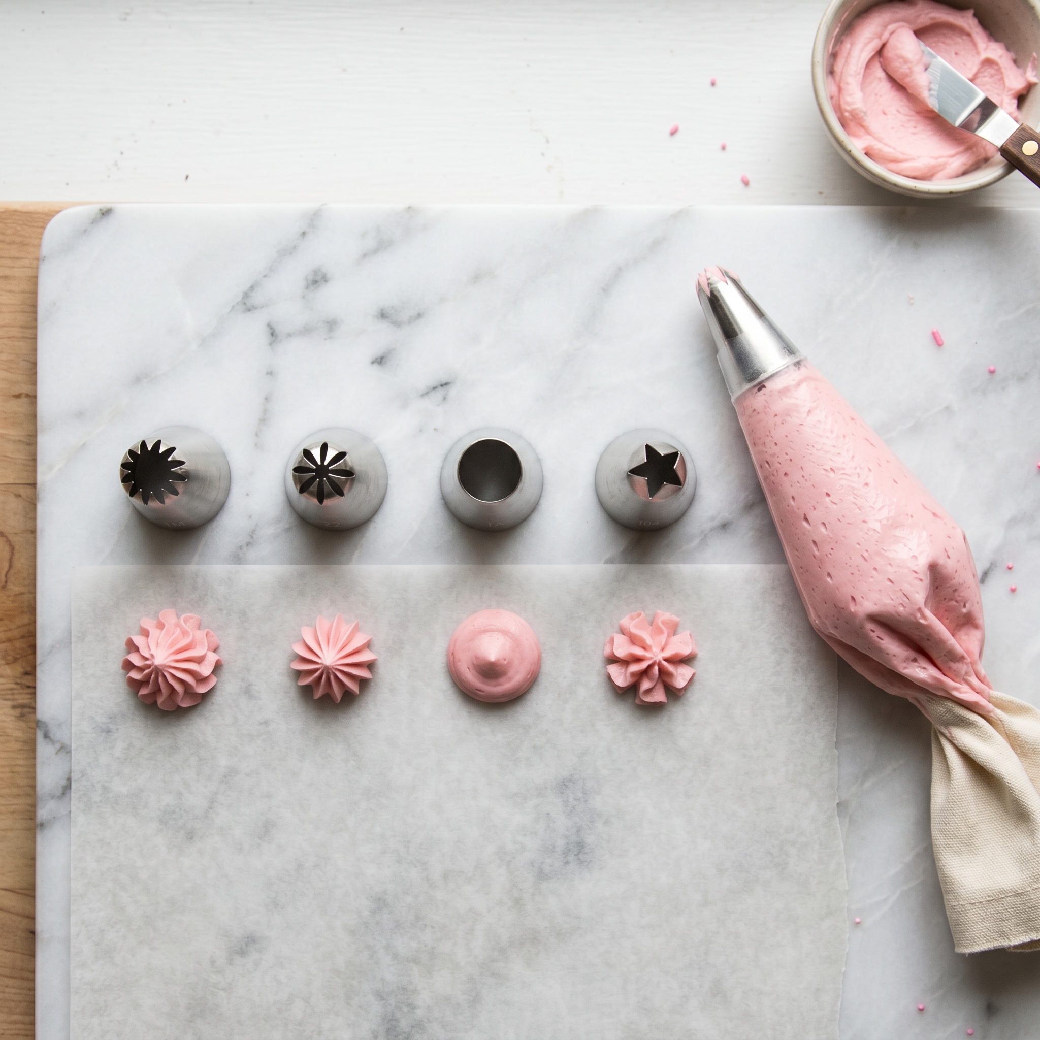 Flat lay of four piping tips arranged on a white surface next to a piping bag filled with pink buttercream, each tip labeled by style with small swirl samples piped on parchment beside them