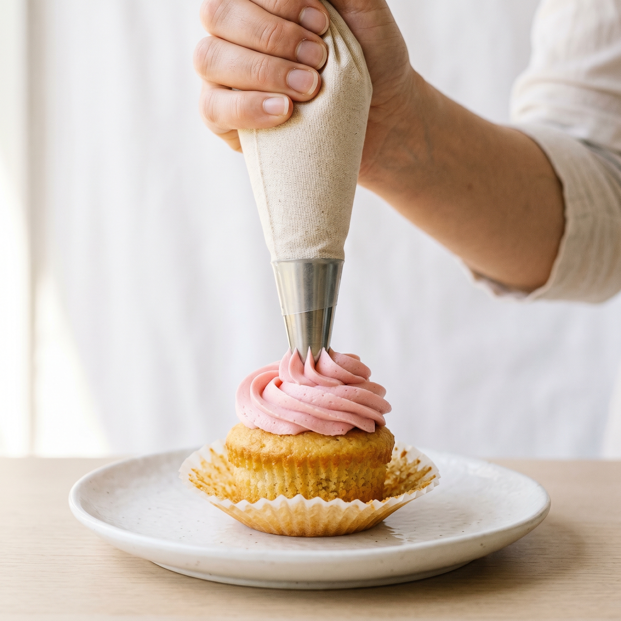 Close-up of a hand piping a pink buttercream rosette onto a cupcake using a 1M open star tip, showing the ridged swirl detail and frosting texture