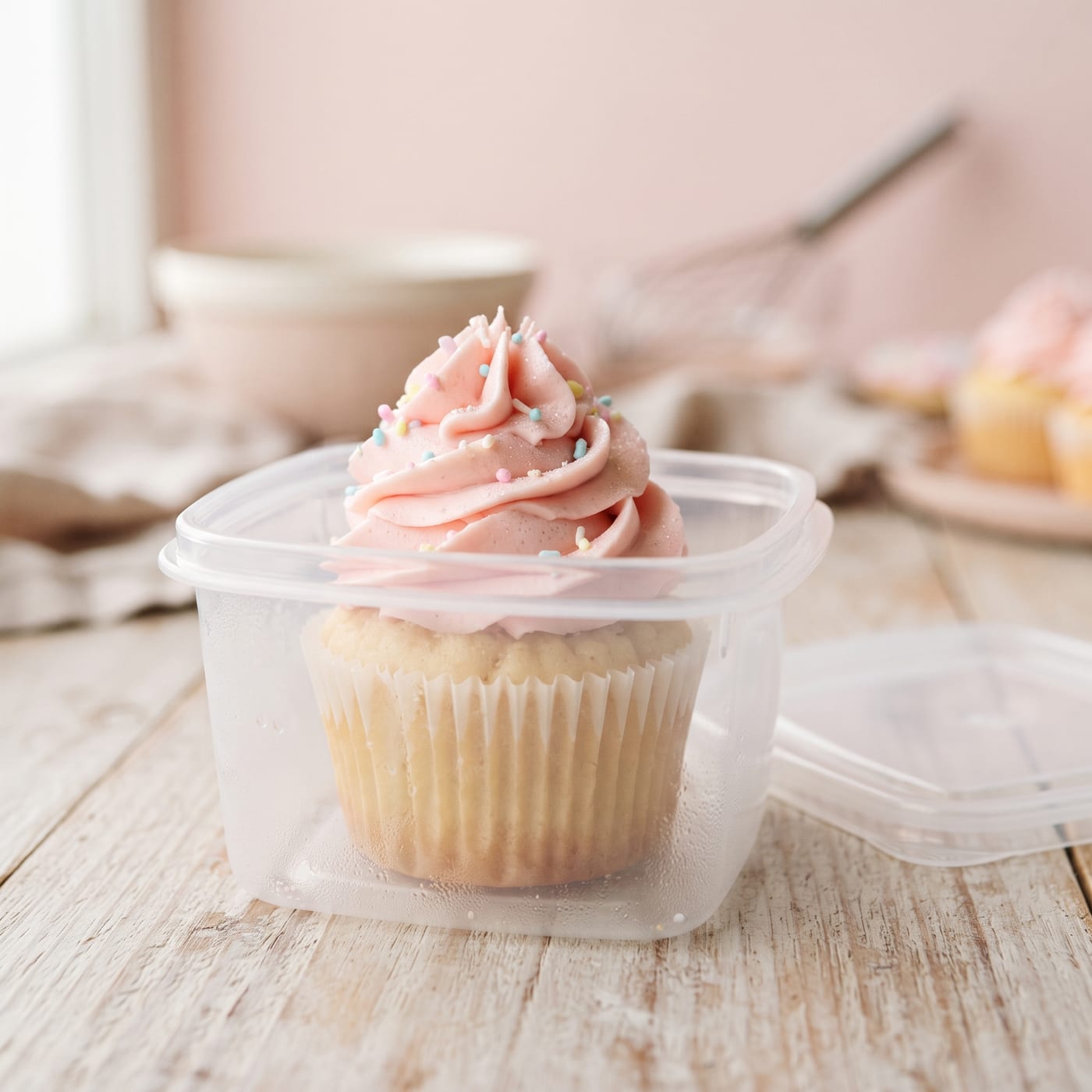 Close up of a frosted cupcake inside a rigid freezer container with the lid beside it