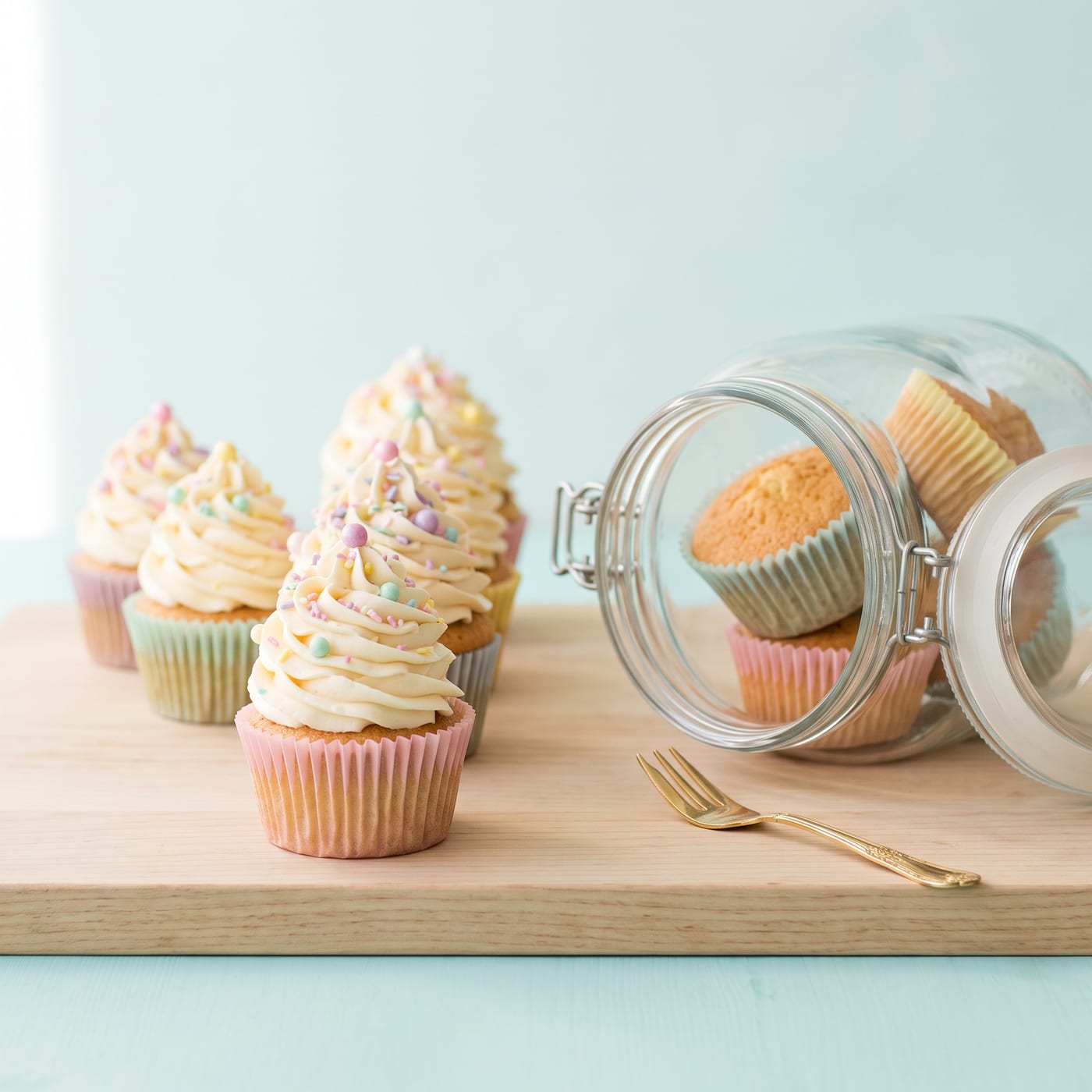 Row of frosted cupcakes with tall swirled buttercream next to an open airtight container