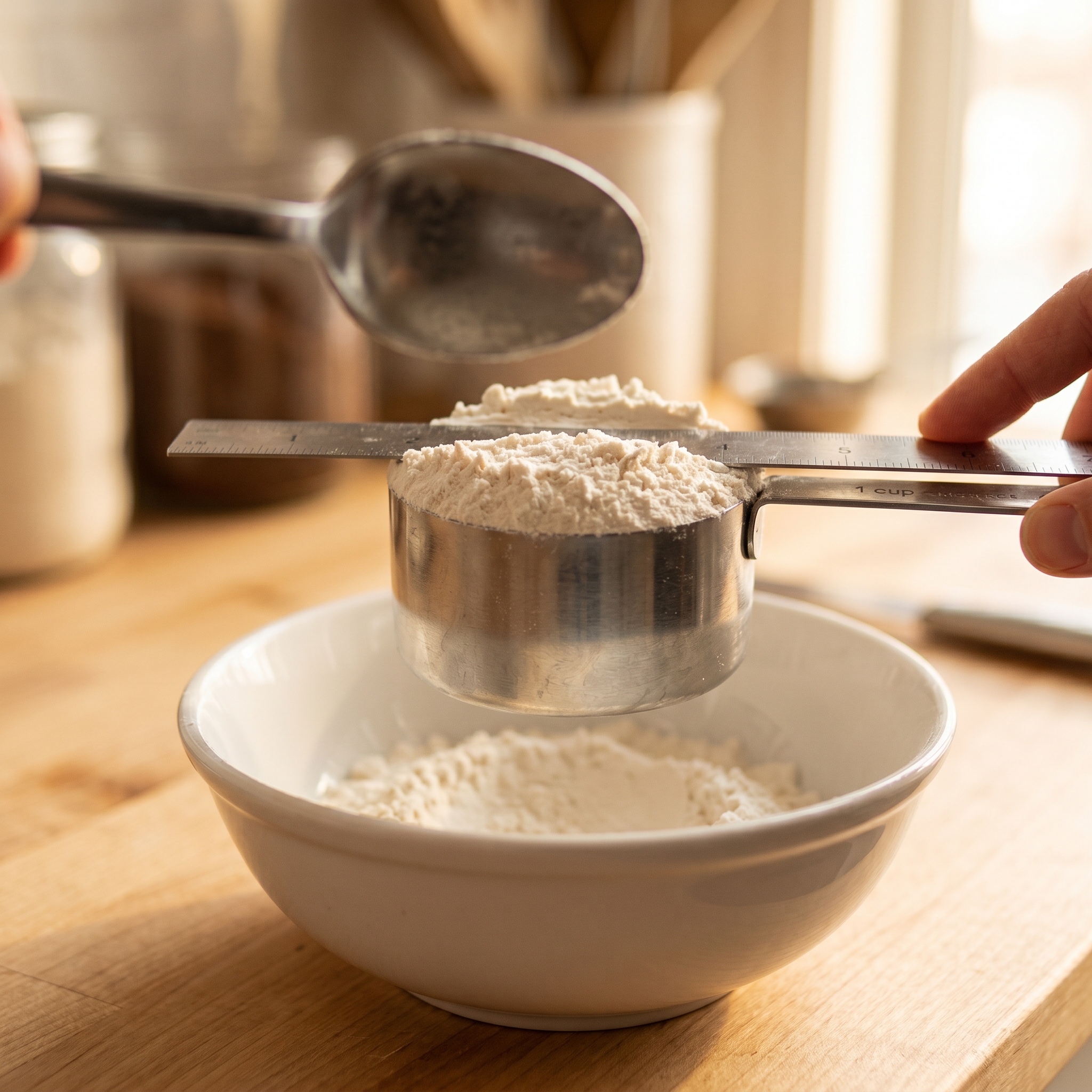 Close up of a home baker spooning flour into a measuring cup and leveling it with a straight edge over a white bowl on a light wood countertop