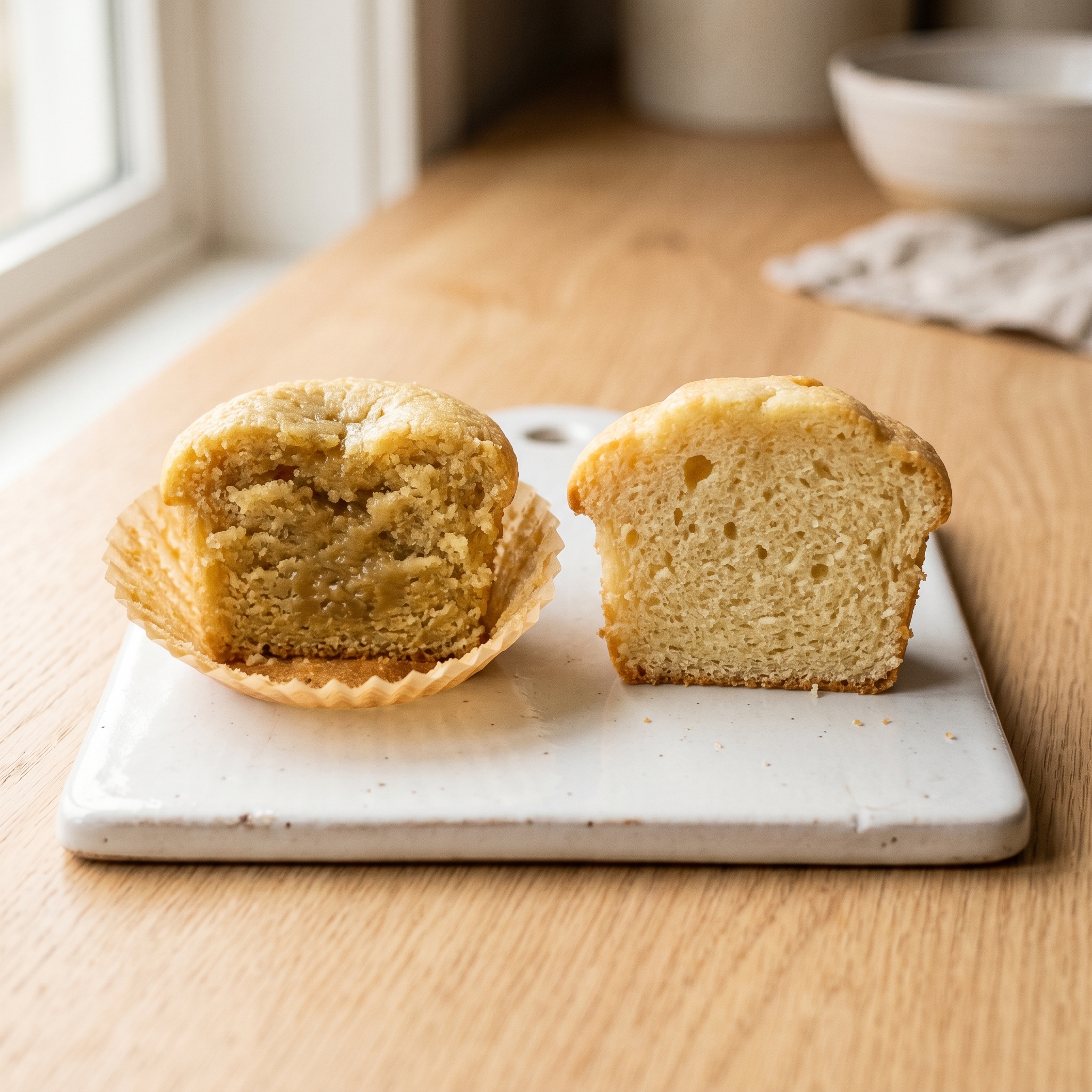 Cross section of two cupcakes side by side, one with a dense sunken crumb and one with a perfectly even open crumb, on a white ceramic board