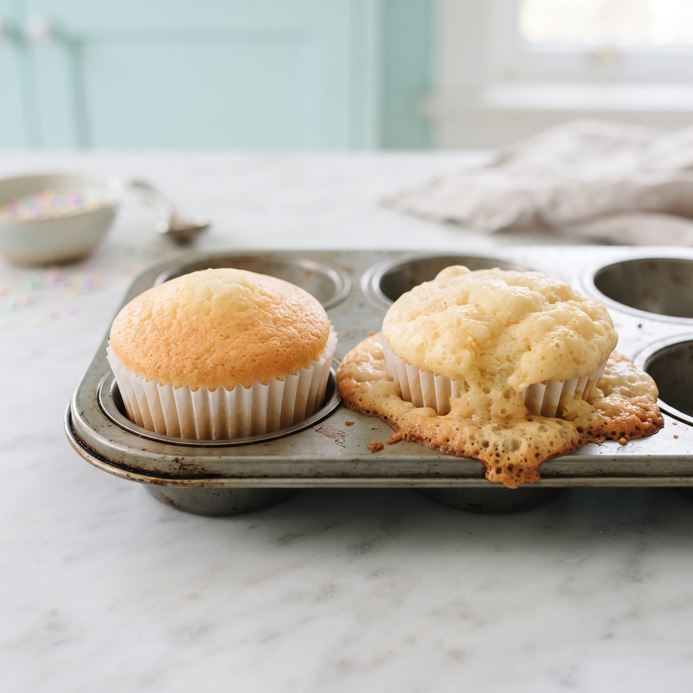 Side by side comparison of a neat cupcake dome next to an overflowed cupcake with spilled batter on the pan