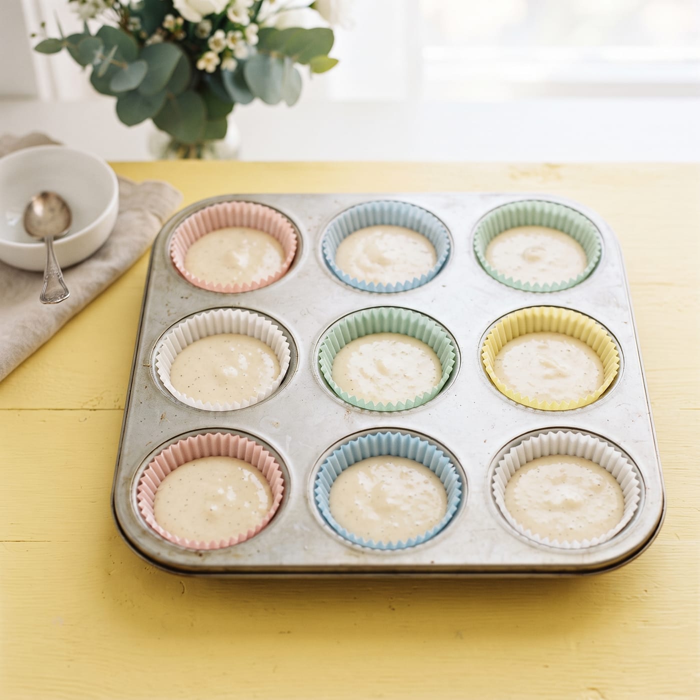 Cupcake liners filled to the correct three-quarter height before baking in a pastel bakery kitchen