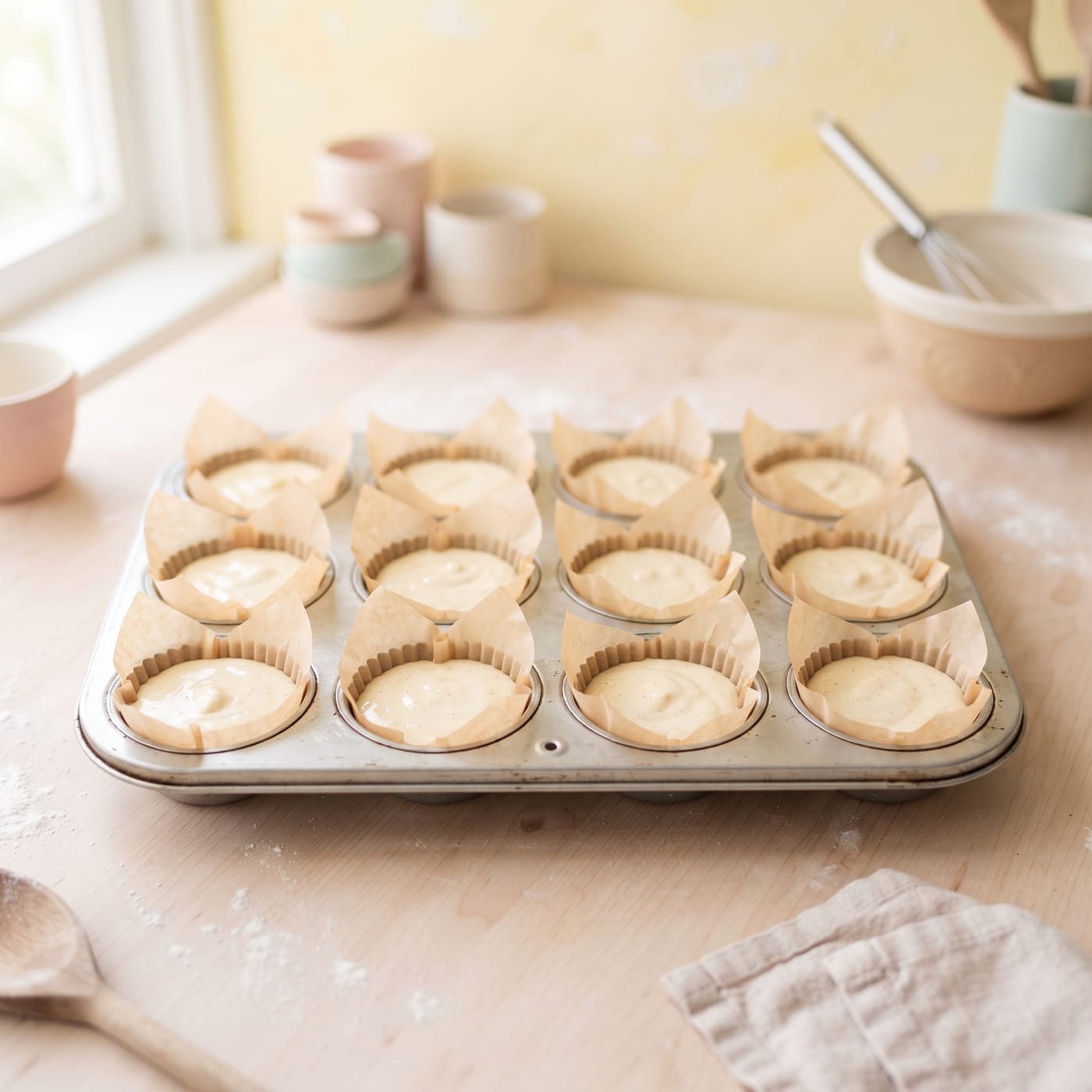 Row of unbaked cupcake batter in parchment style liners inside a baking pan