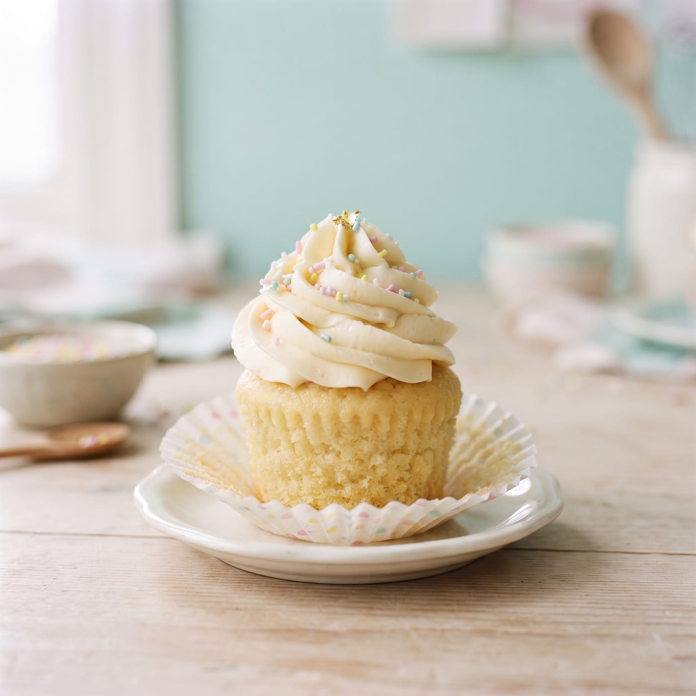 Vanilla cupcake with tall swirled frosting peeled cleanly from its paper liner