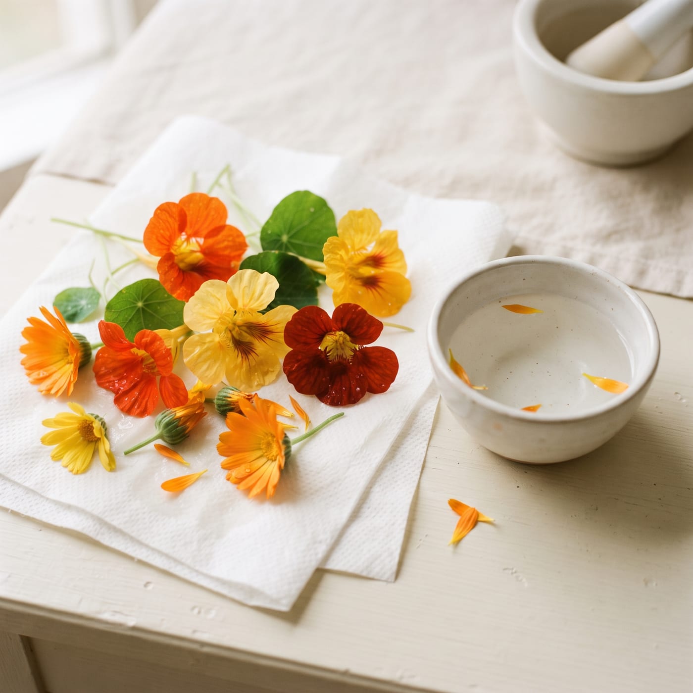 Fresh edible flowers being rinsed and dried on paper towels before use