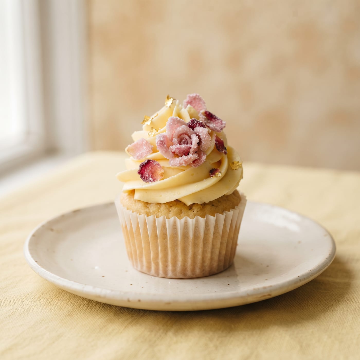 Close up of candied rose petals on top of a butter yellow frosted cupcake