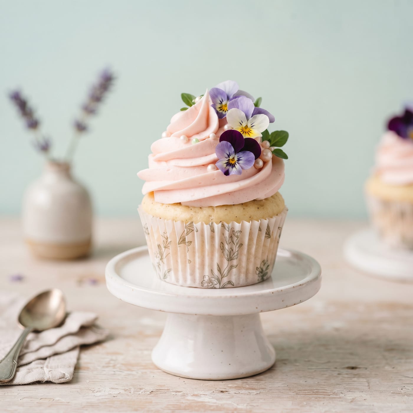 Pastel frosted cupcake topped with fresh edible pansies and violets