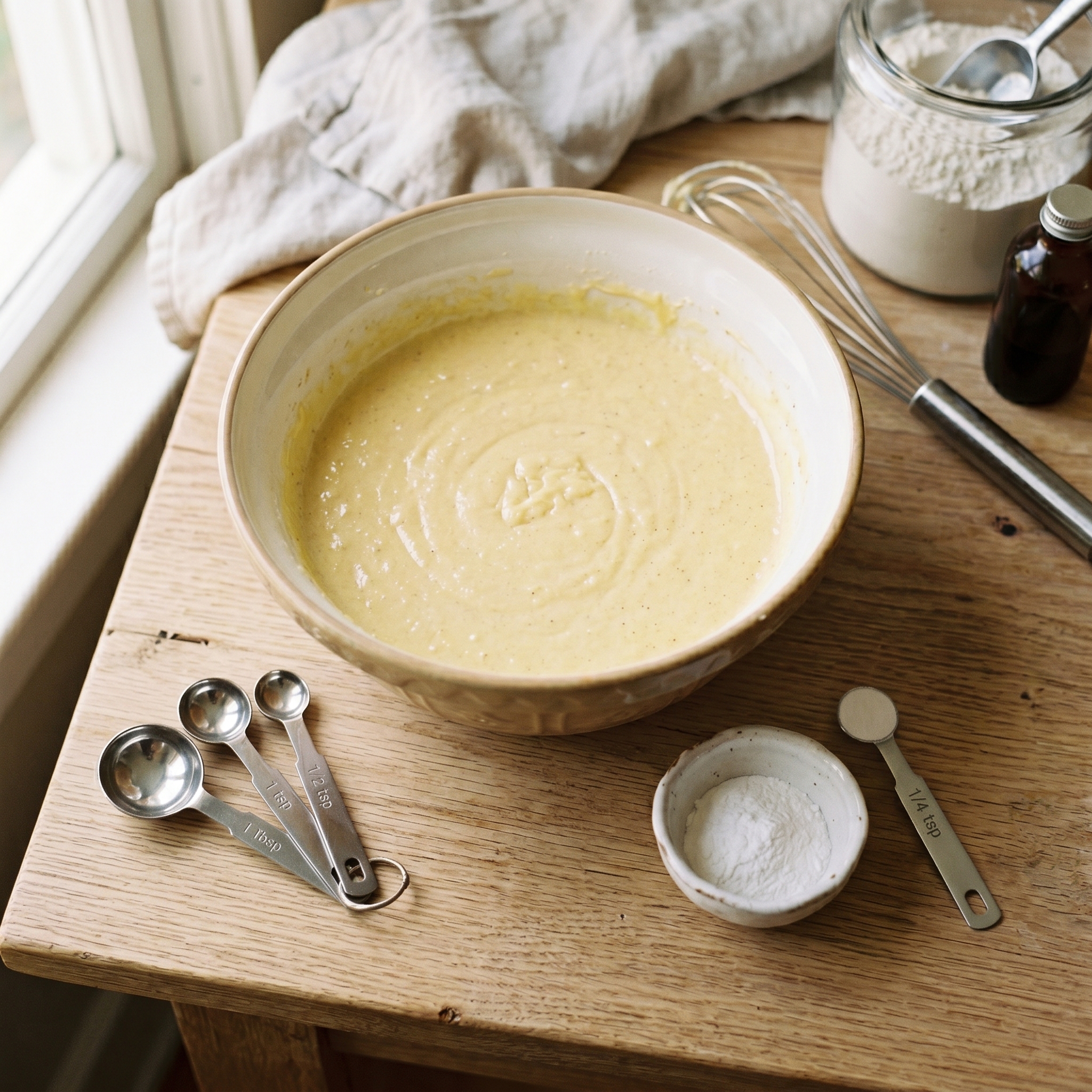 A small bowl of measured baking powder next to a cupcake batter bowl showing the adjustment process for high altitude baking
