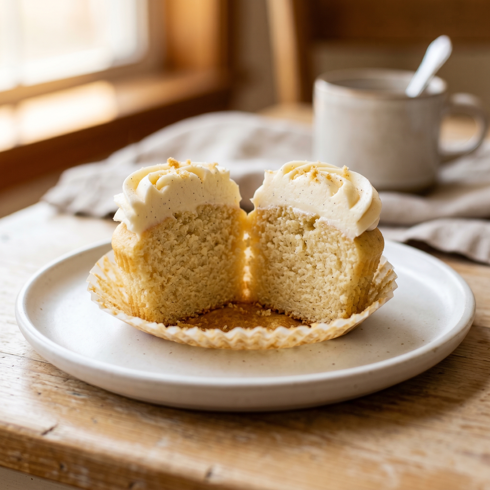 Cross-section of a high-altitude cupcake showing an even, moist crumb with no large air pockets or sunken center