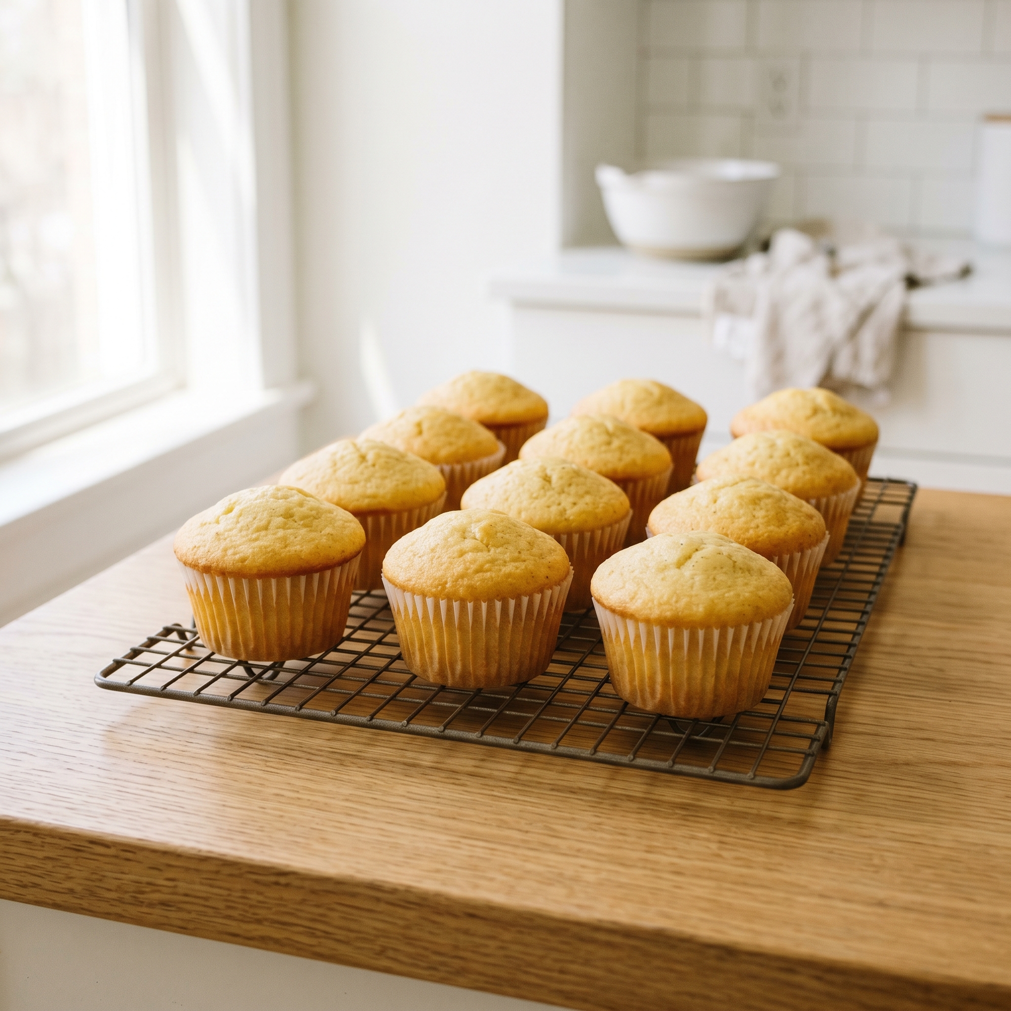 A batch of perfectly domed vanilla cupcakes in white liners cooling on a wire rack, baked at high altitude with no sunken centers