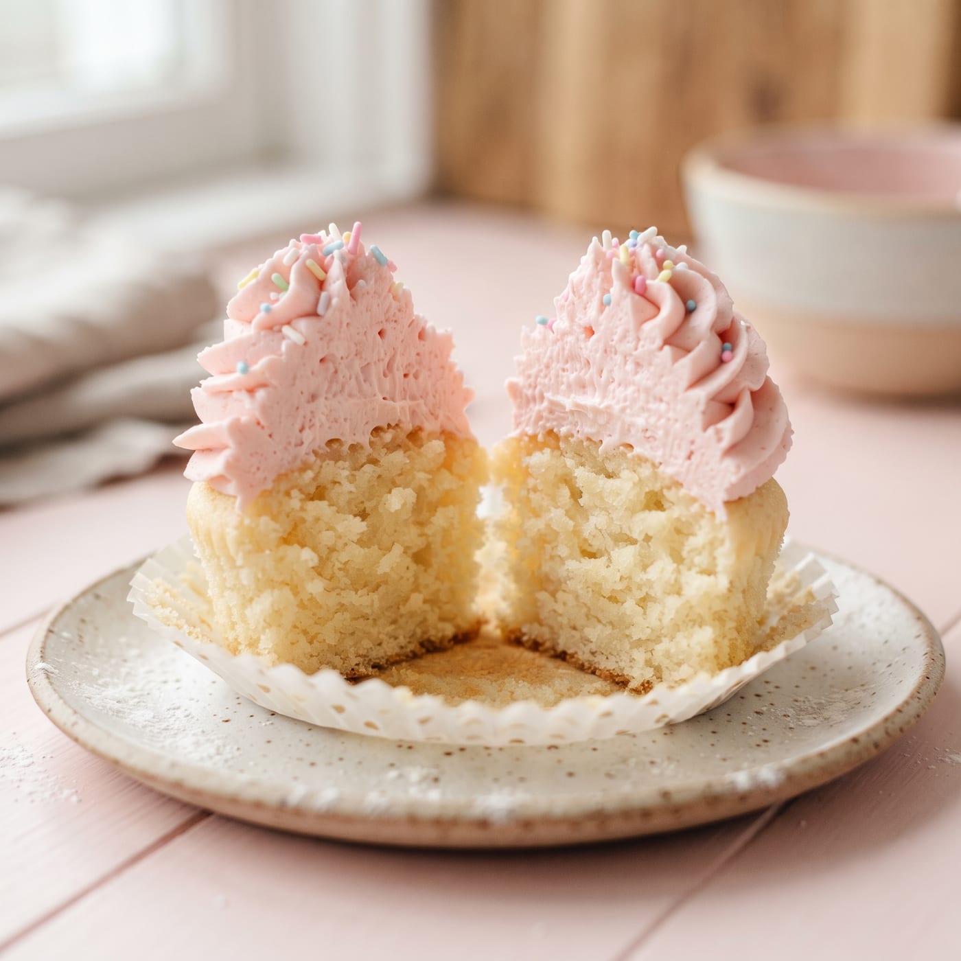 Close up of baked cupcake crumb showing soft, tender texture from proper mixing