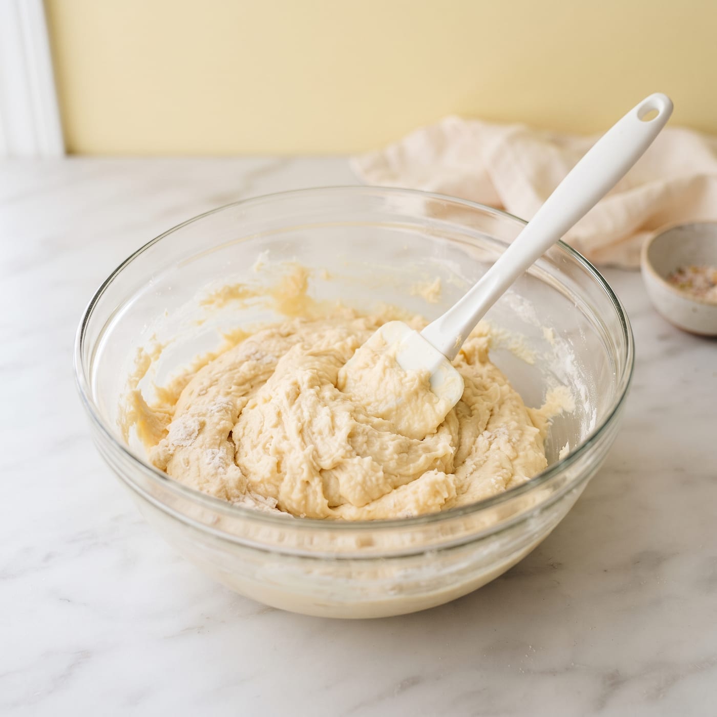 Bowl of cupcake batter with a spatula showing a just combined, slightly lumpy texture