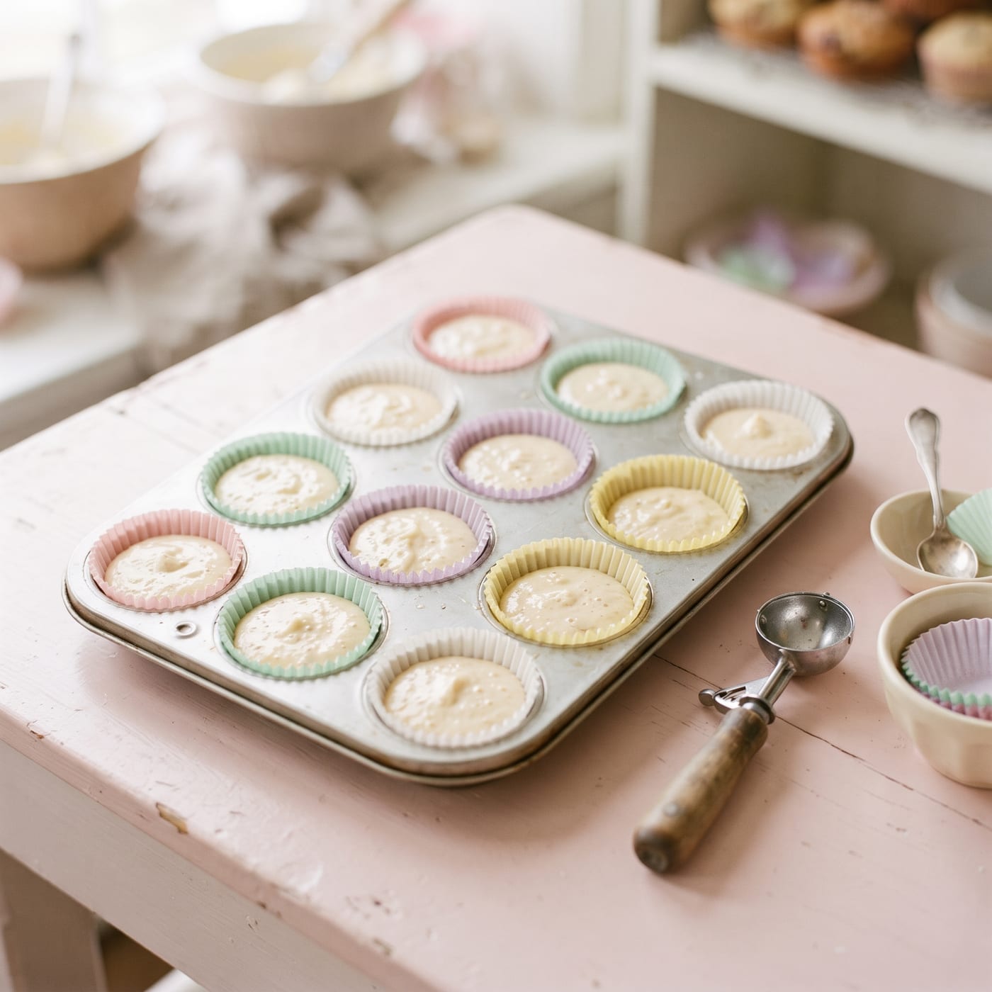 Hand-free view of a cupcake pan filled evenly with batter using a scoop resting nearby