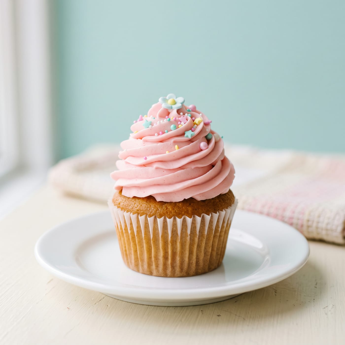 Close-up of a single flat-top cupcake with tall swirled frosting piped on a pastel background