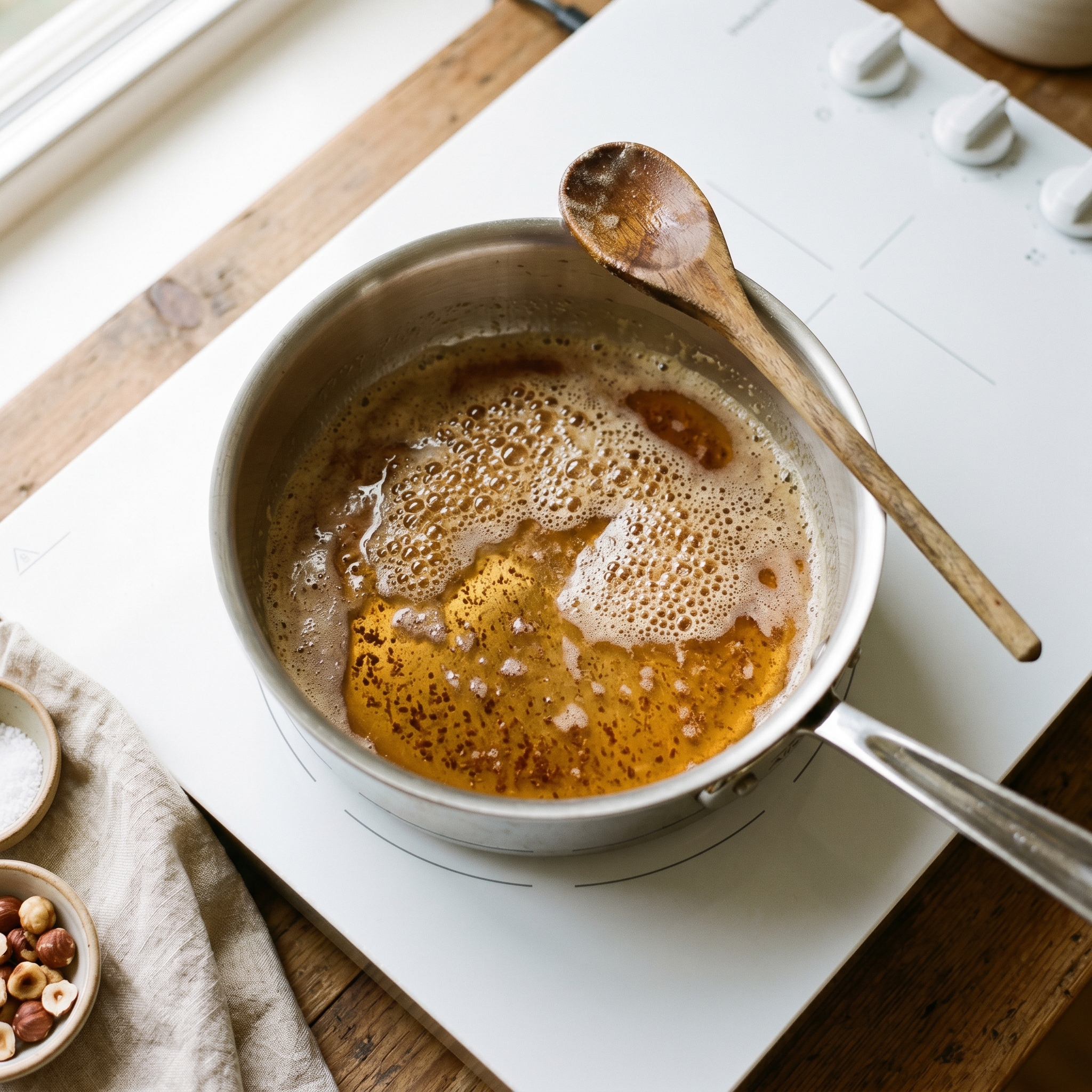 Butter browning in a light stainless saucepan with amber color and brown specks at the bottom