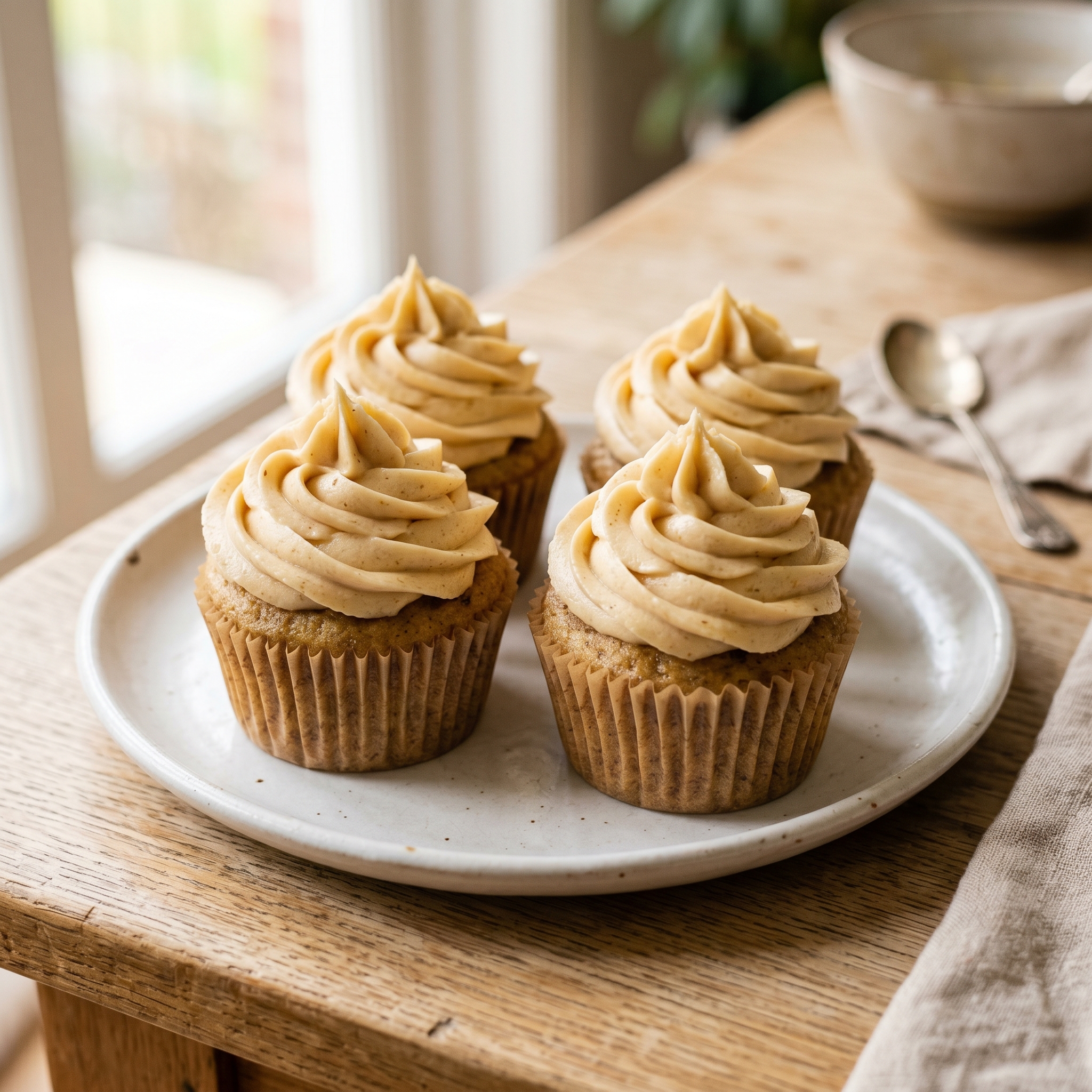Brown butter cupcakes with pale tan buttercream on a white ceramic plate, natural side light