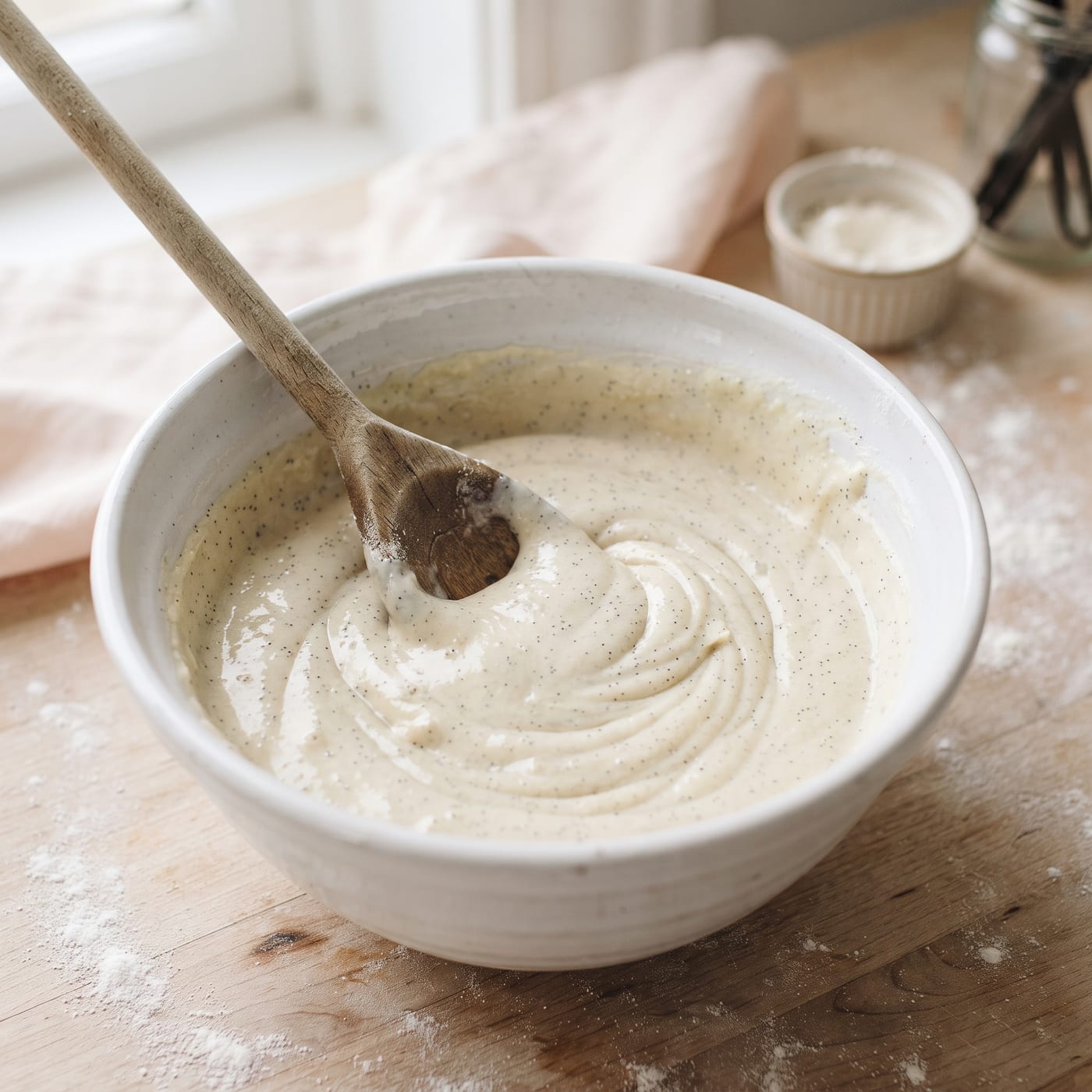 Vanilla bean paste being stirred into cupcake batter showing dark flecks