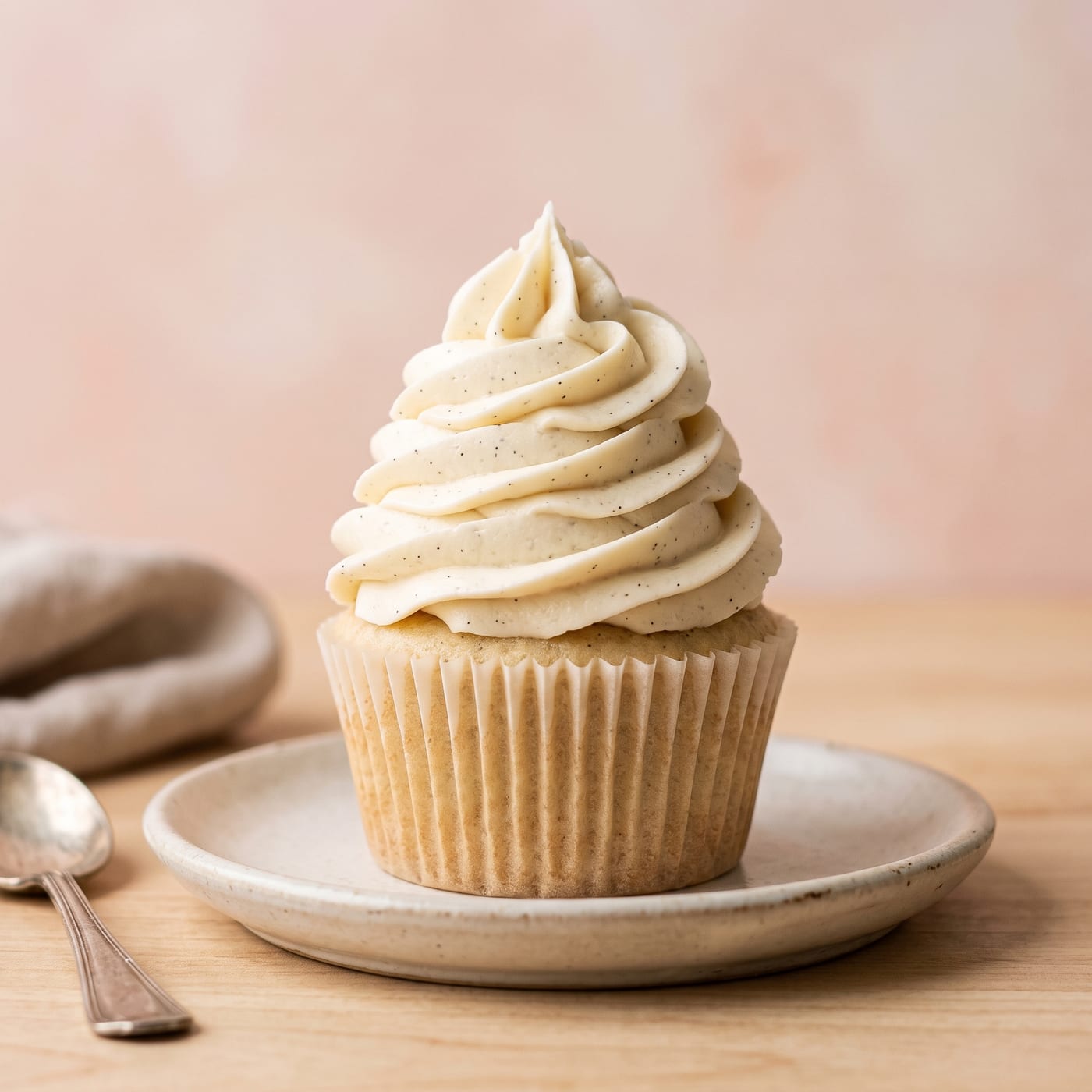 Close up of vanilla bean specks in frosting swirl on a cupcake