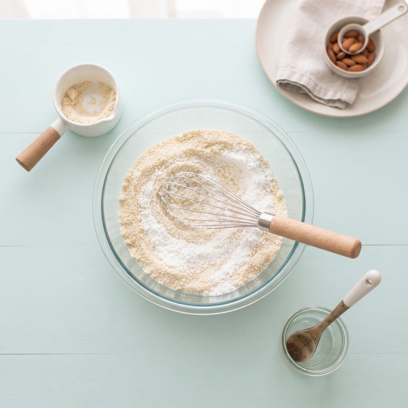 Almond flour and tapioca starch being mixed in a glass bowl for gluten-free cupcake batter
