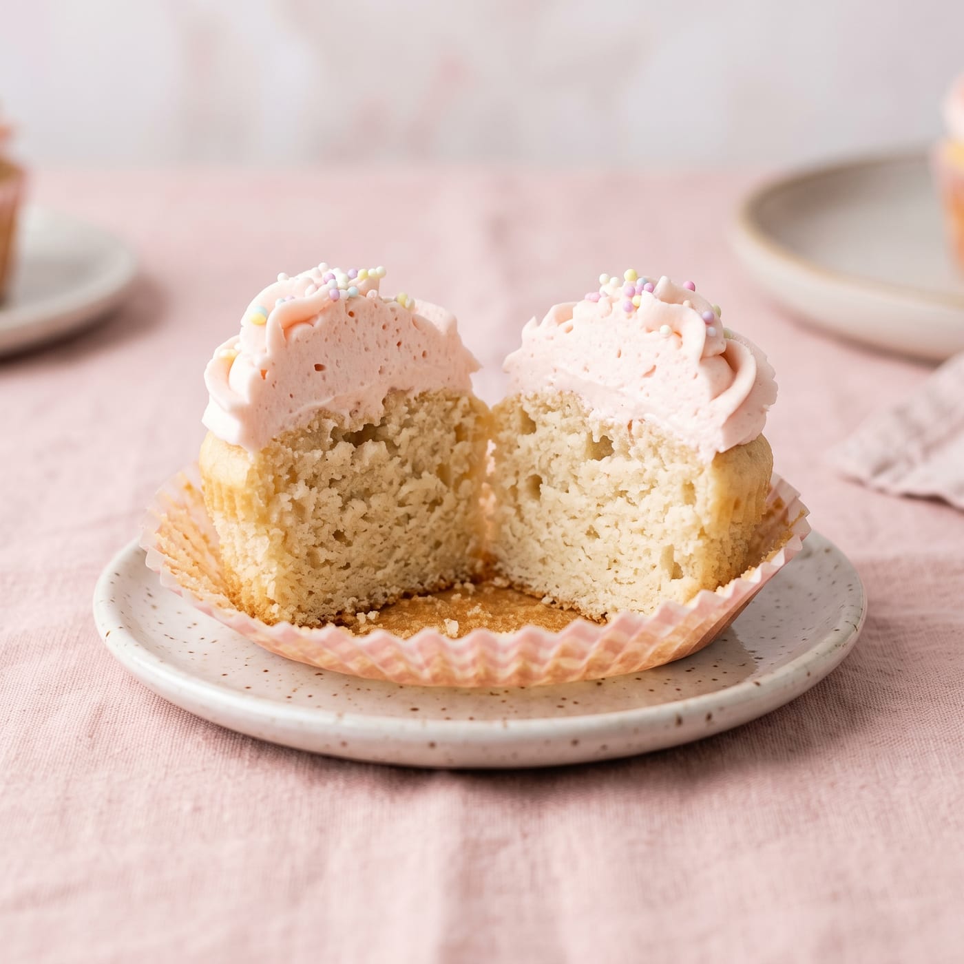 Close up of a gluten-free cupcake crumb showing a moist tender texture