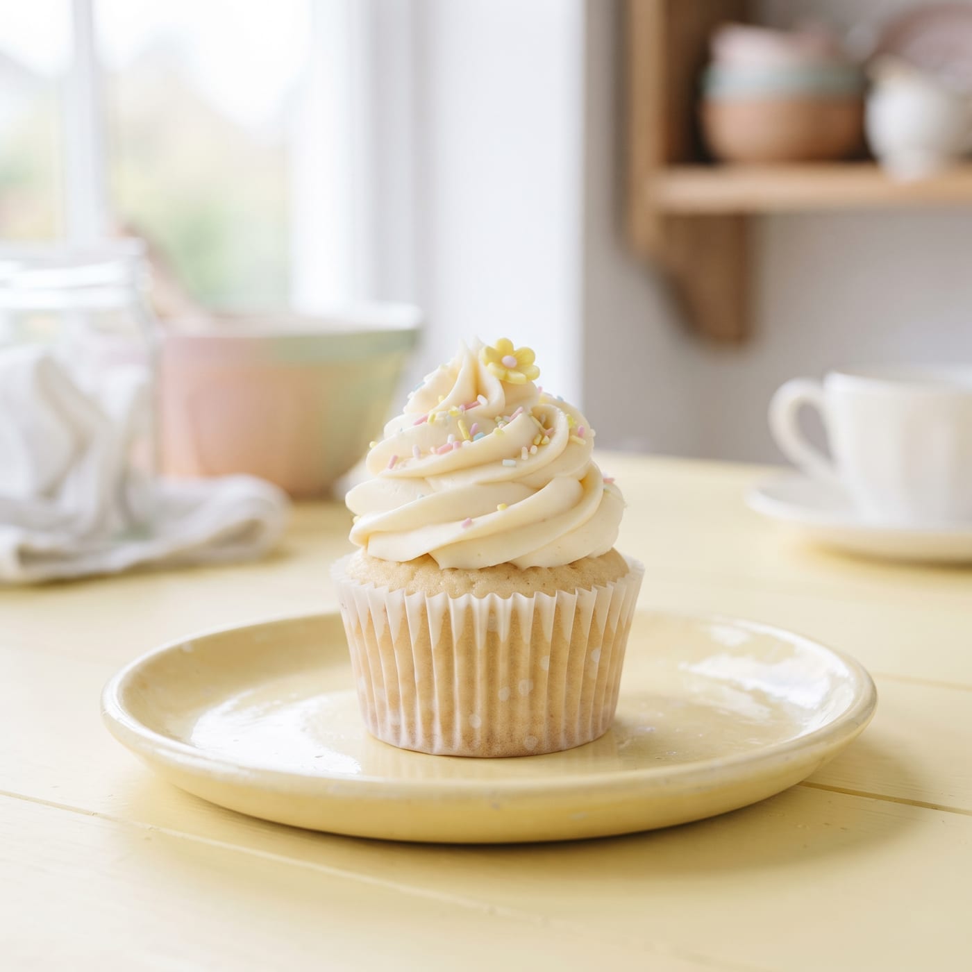 Gluten-free vanilla cupcake with tall swirled frosting on a pastel background