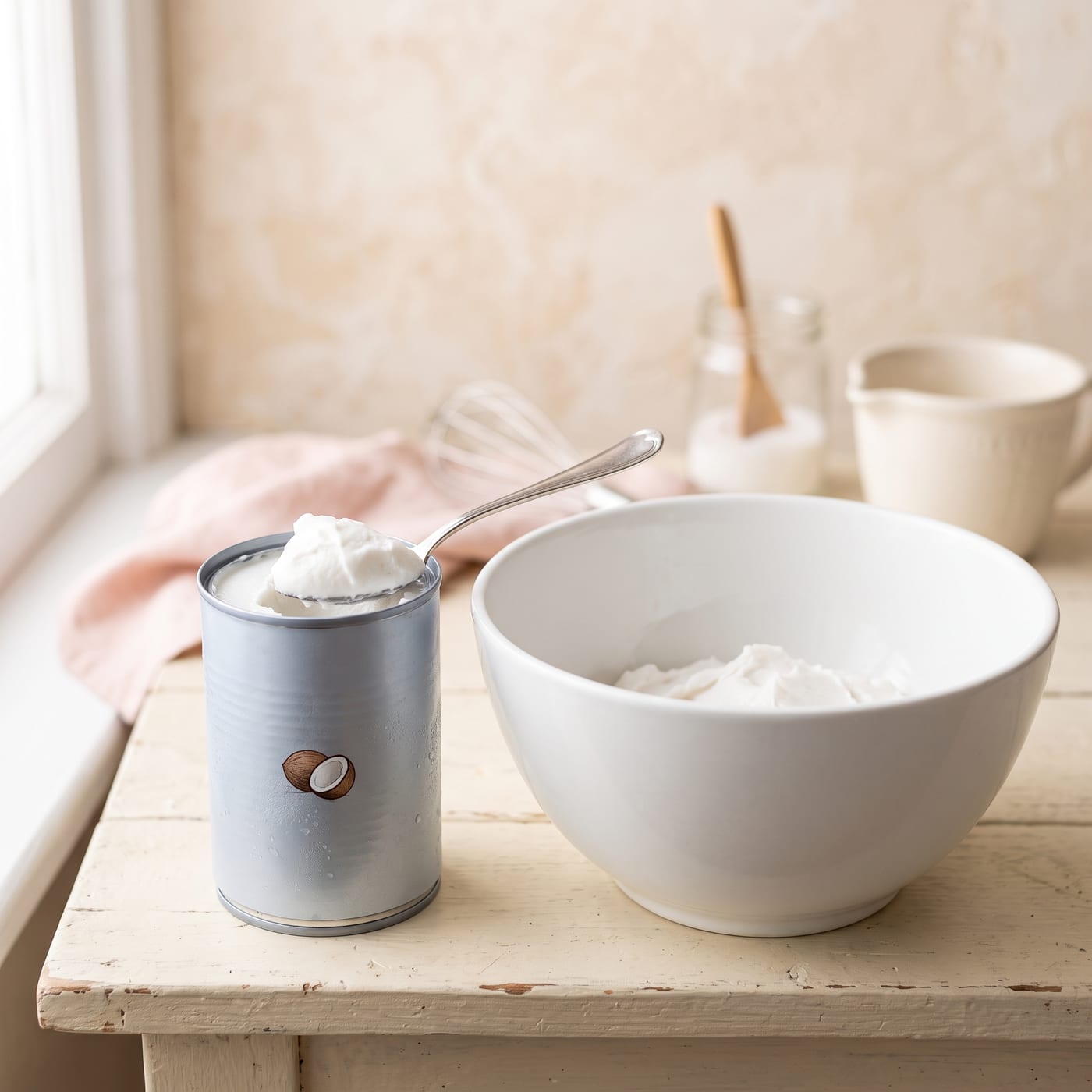 Chilled can of coconut cream being scooped into a mixing bowl for dairy-free frosting