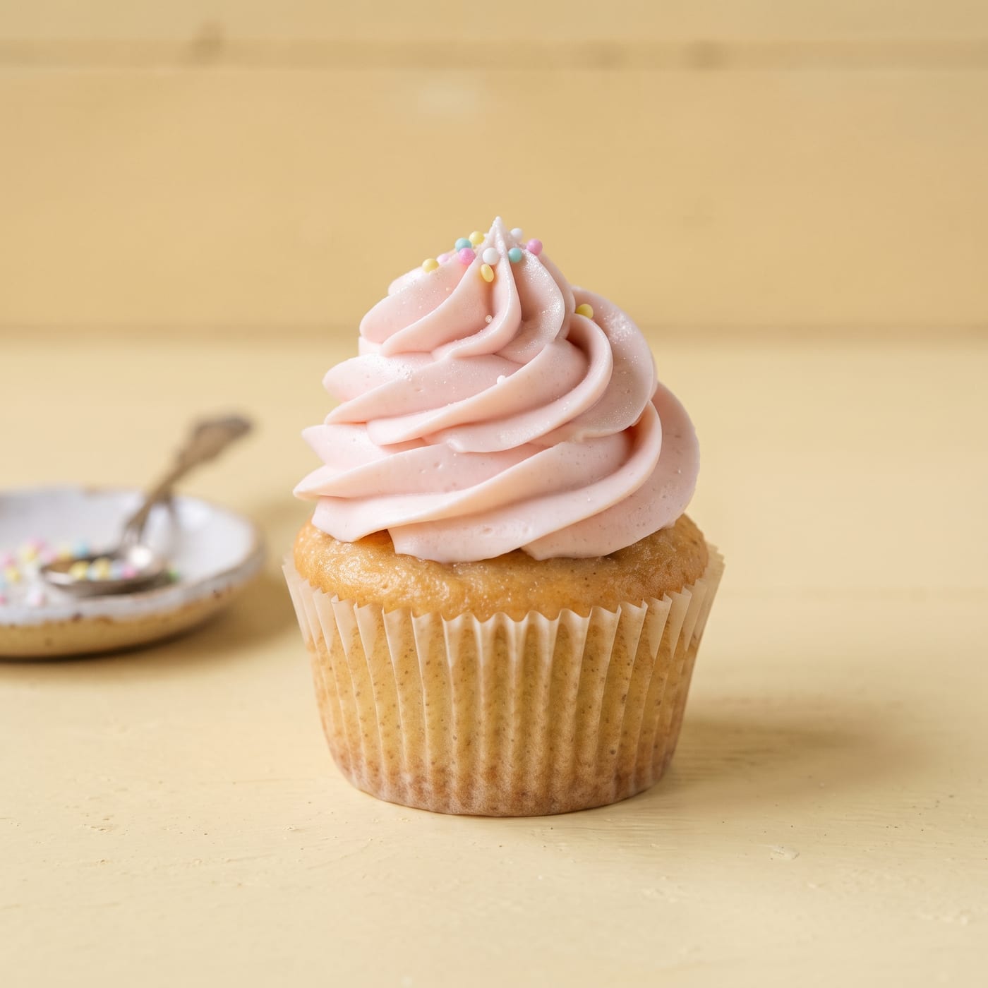 Close up of dairy-free frosting swirl on a cupcake showing smooth texture