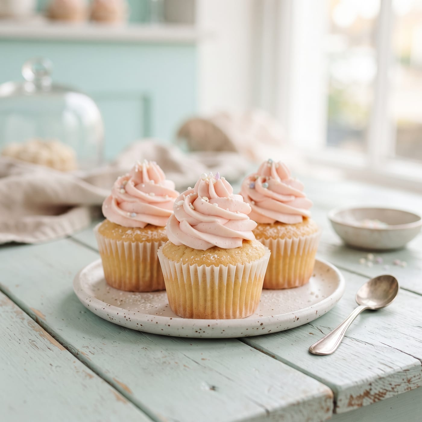 Dairy-free vanilla cupcakes with tall swirled frosting on a pastel background