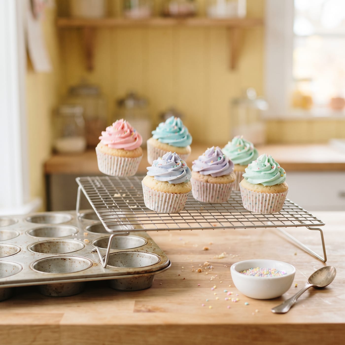 Cupcakes being moved from the baking pan to a wire cooling rack