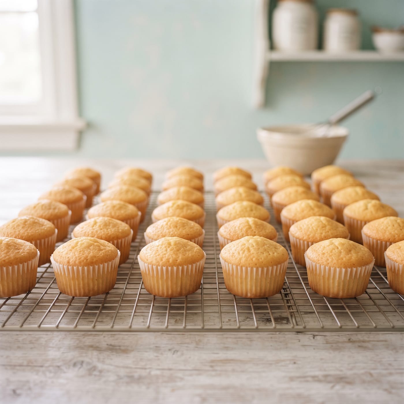 Vanilla cupcakes cooling on a wire rack with tall swirled frosting nearby