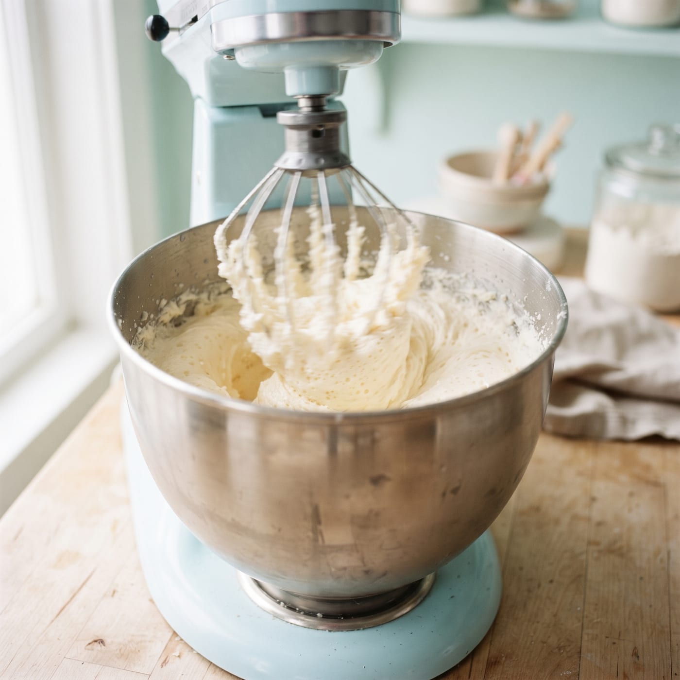 Stand mixer beating butter and sugar together showing fluffy pale texture forming