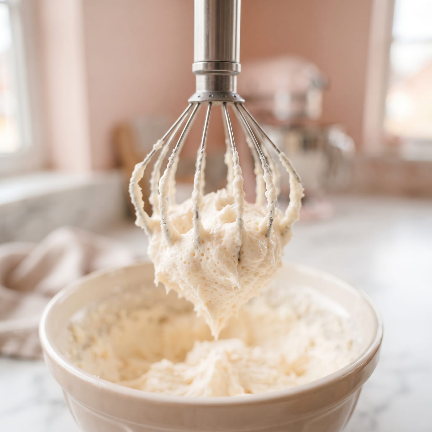 Close up of creamed butter and sugar clinging to a whisk in soft peaks