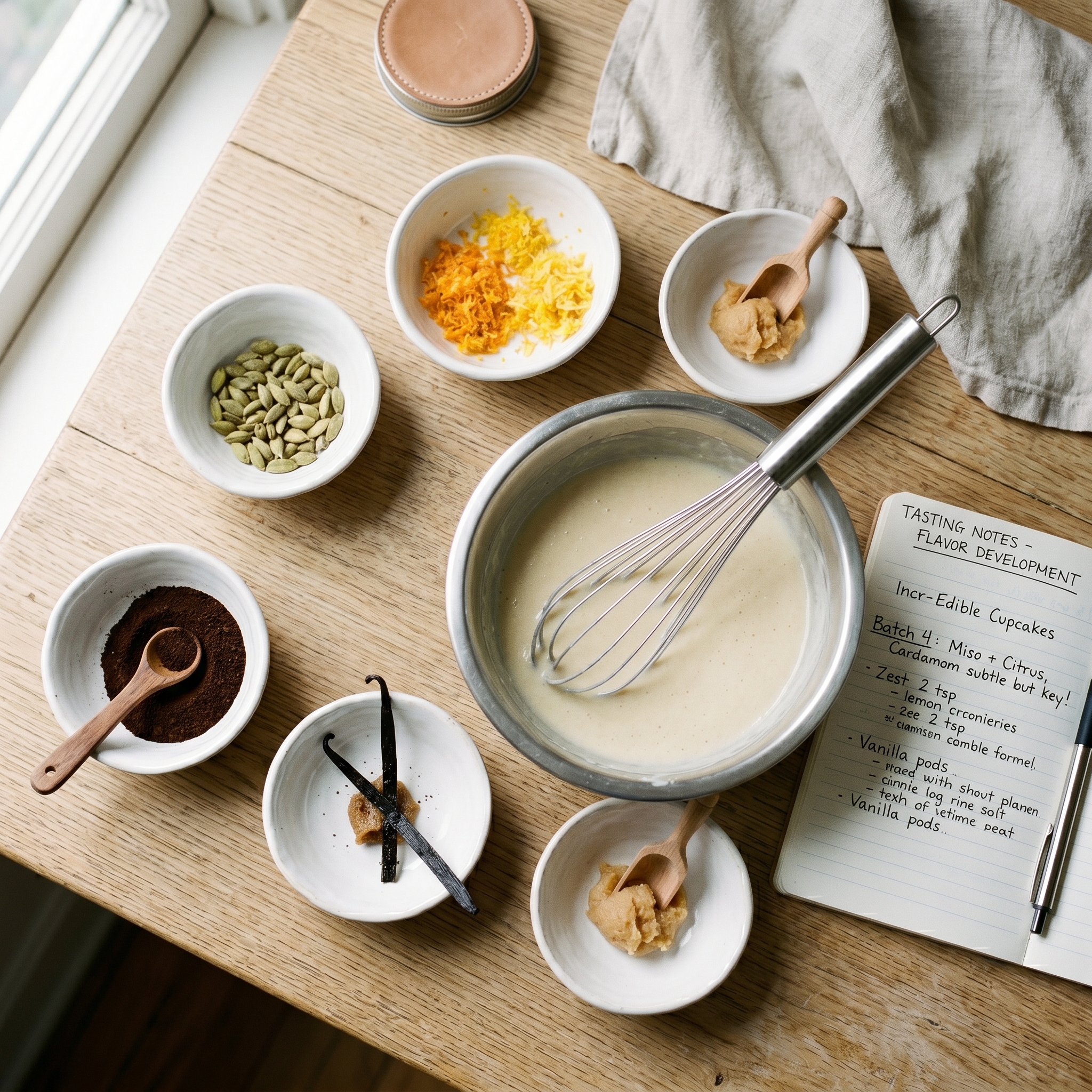 Small bowls of flavor ingredients beside a mixing bowl and handwritten tasting notes on wood