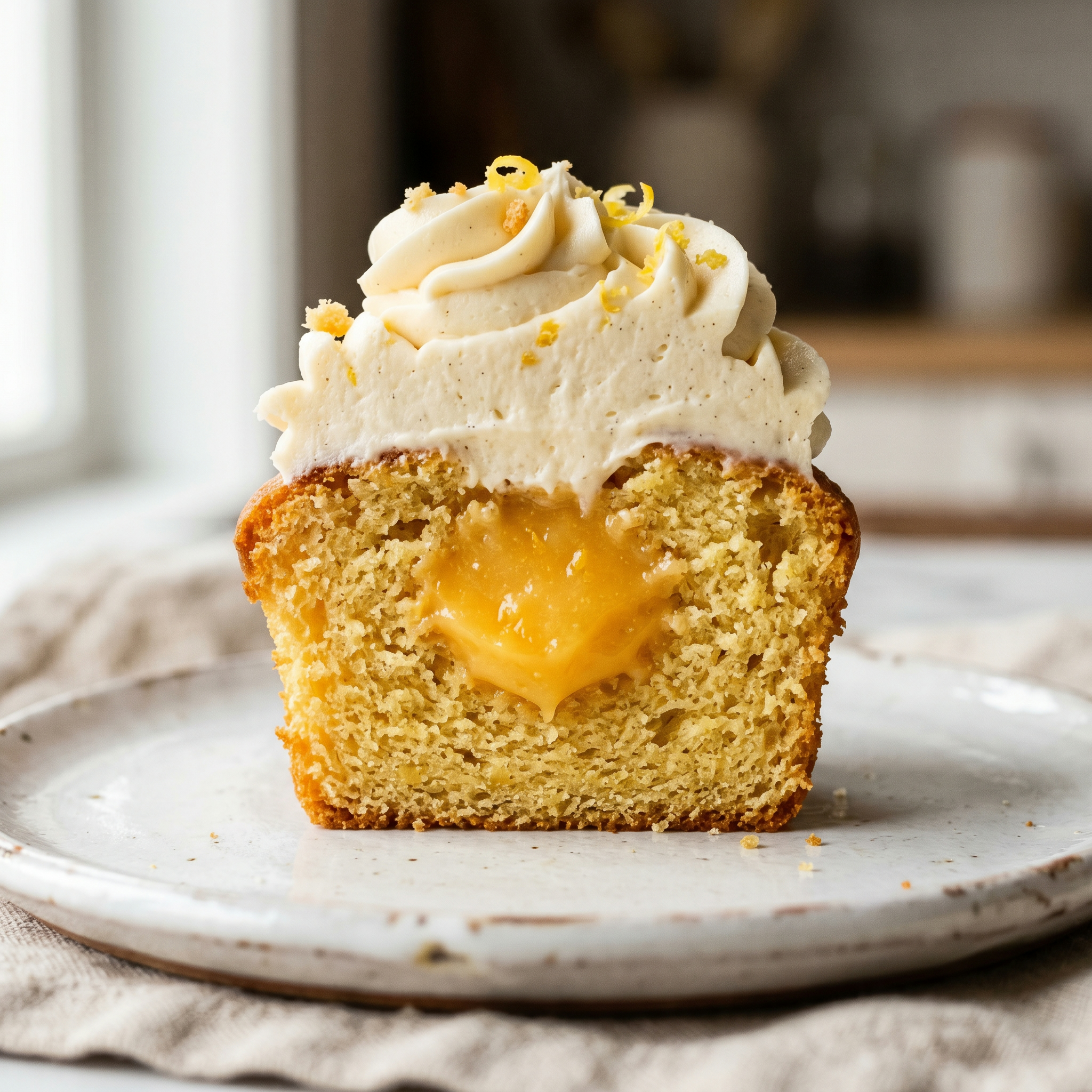 Cross-section of a cupcake showing crumb, filling, and frosting layers in close-up