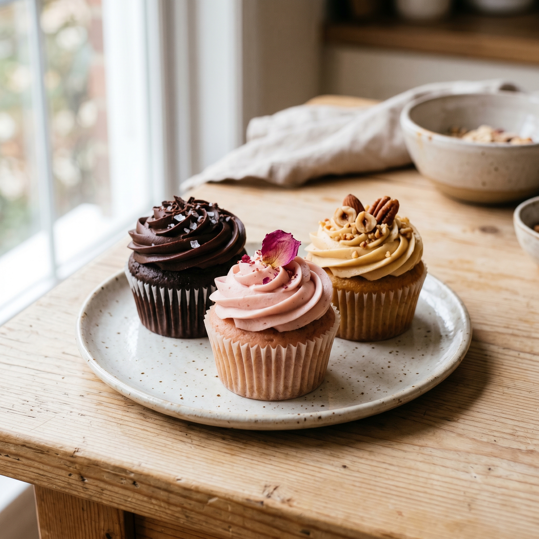 Three finished signature cupcakes with distinct frosting colors on a white ceramic plate, soft natural light