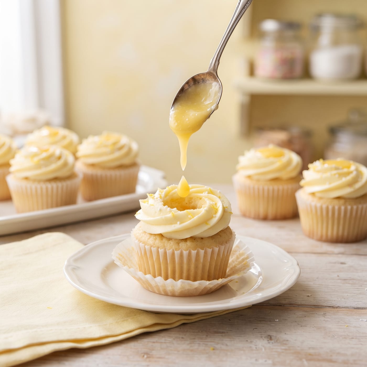 Hollowed cupcake being filled with curd using a small spoon