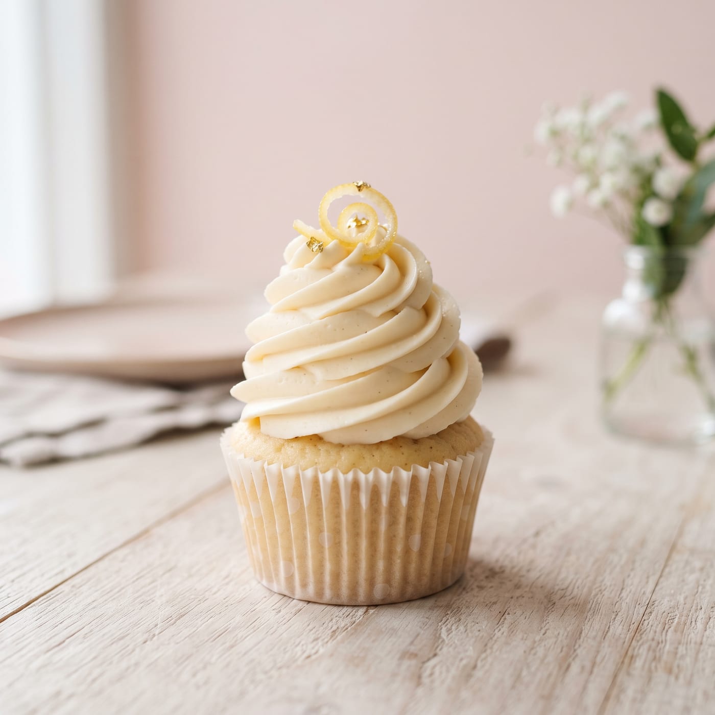 Close up of frosted cupcake topped with candied lemon zest garnish