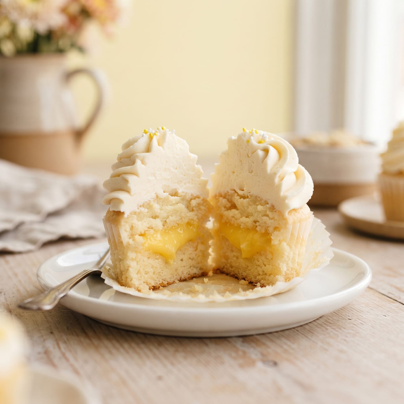 Cupcake sliced in half showing cake, filling, and frosting layers