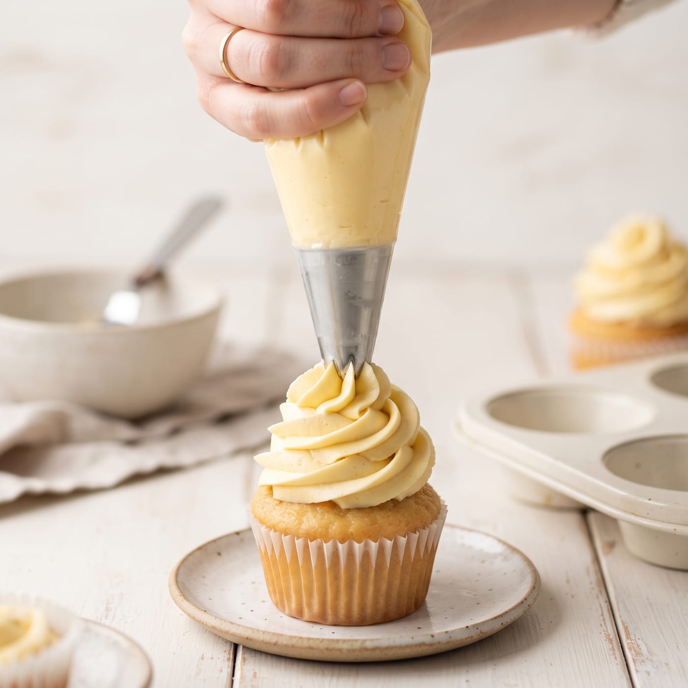 Hand holding piping bag creating a tall spiral swirl of buttercream on a cupcake