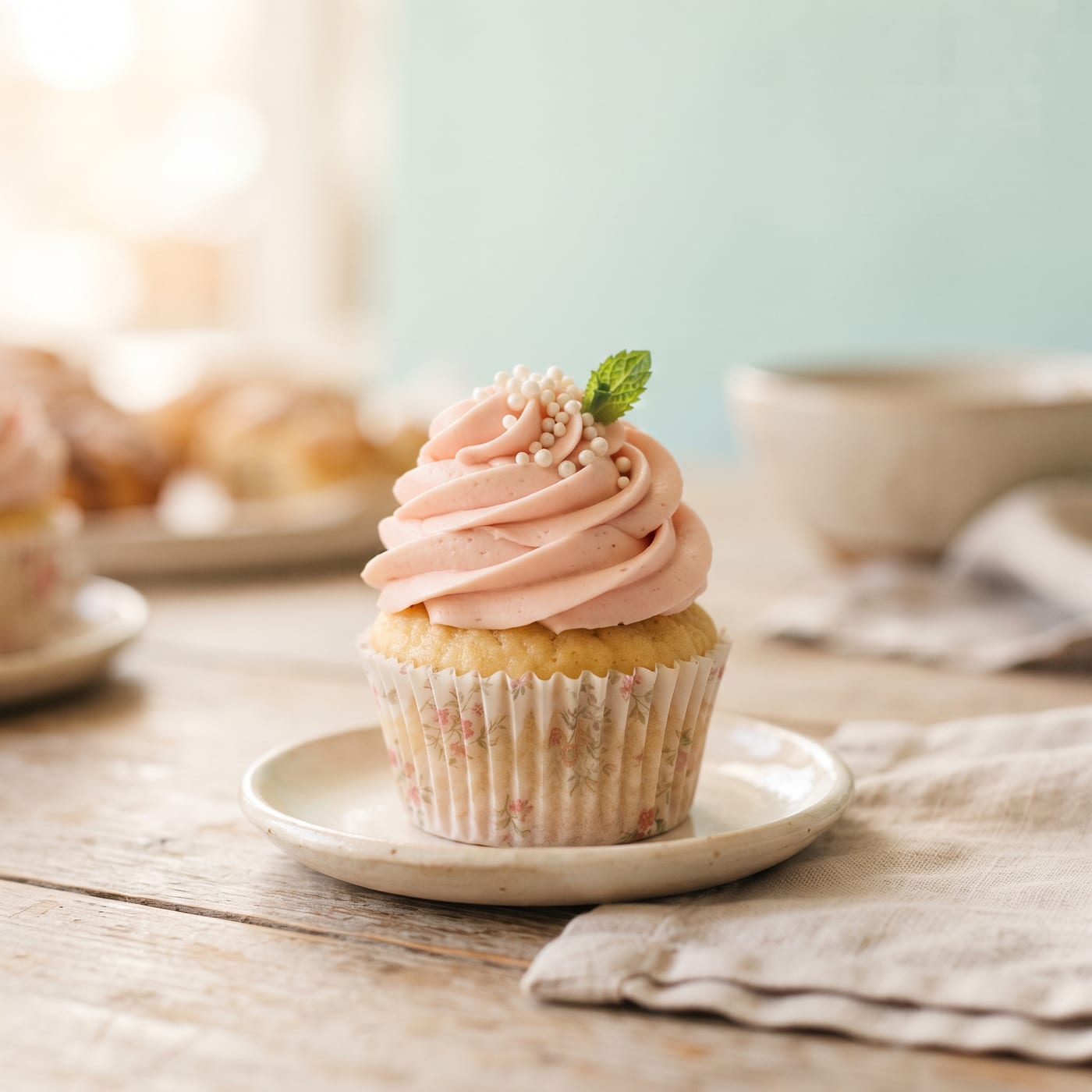 Single cupcake with tall swirled blush pink frosting topped with sugar pearls and a mint leaf
