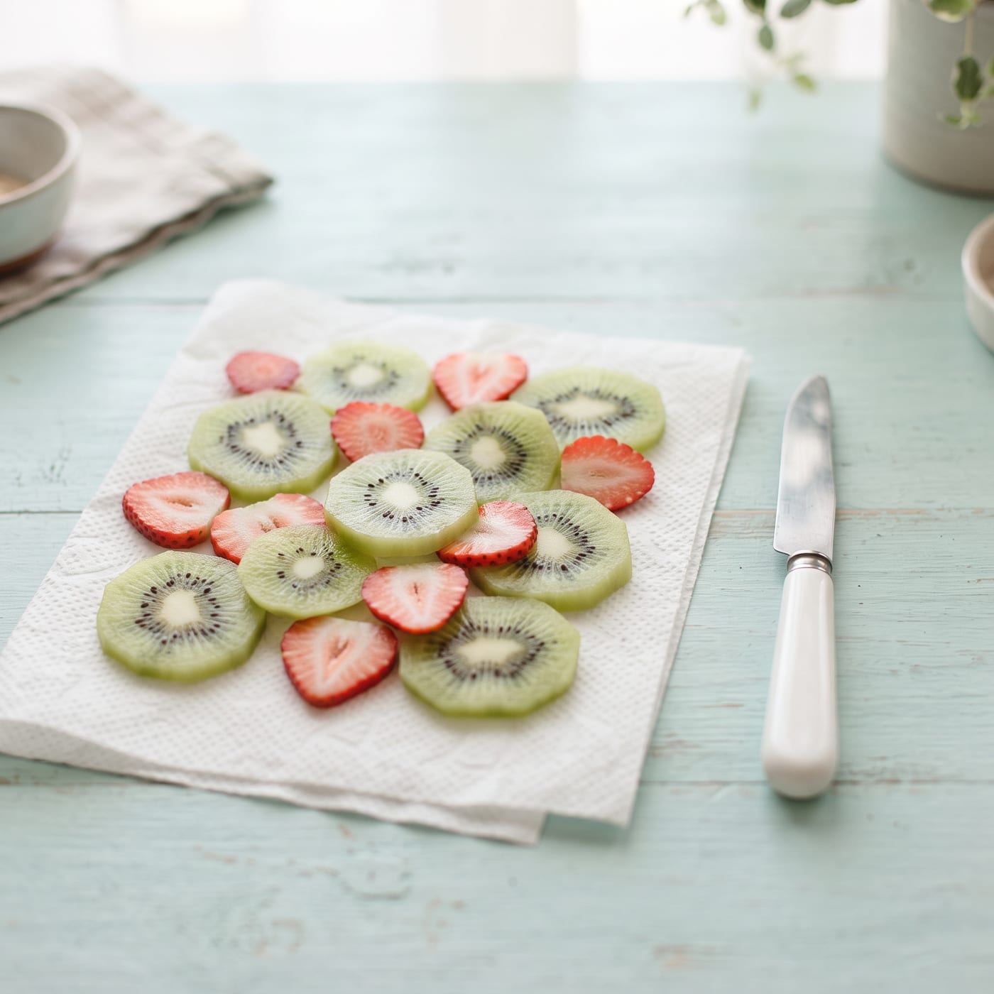 Thin fruit slices being cut and dried on a paper towel before decorating