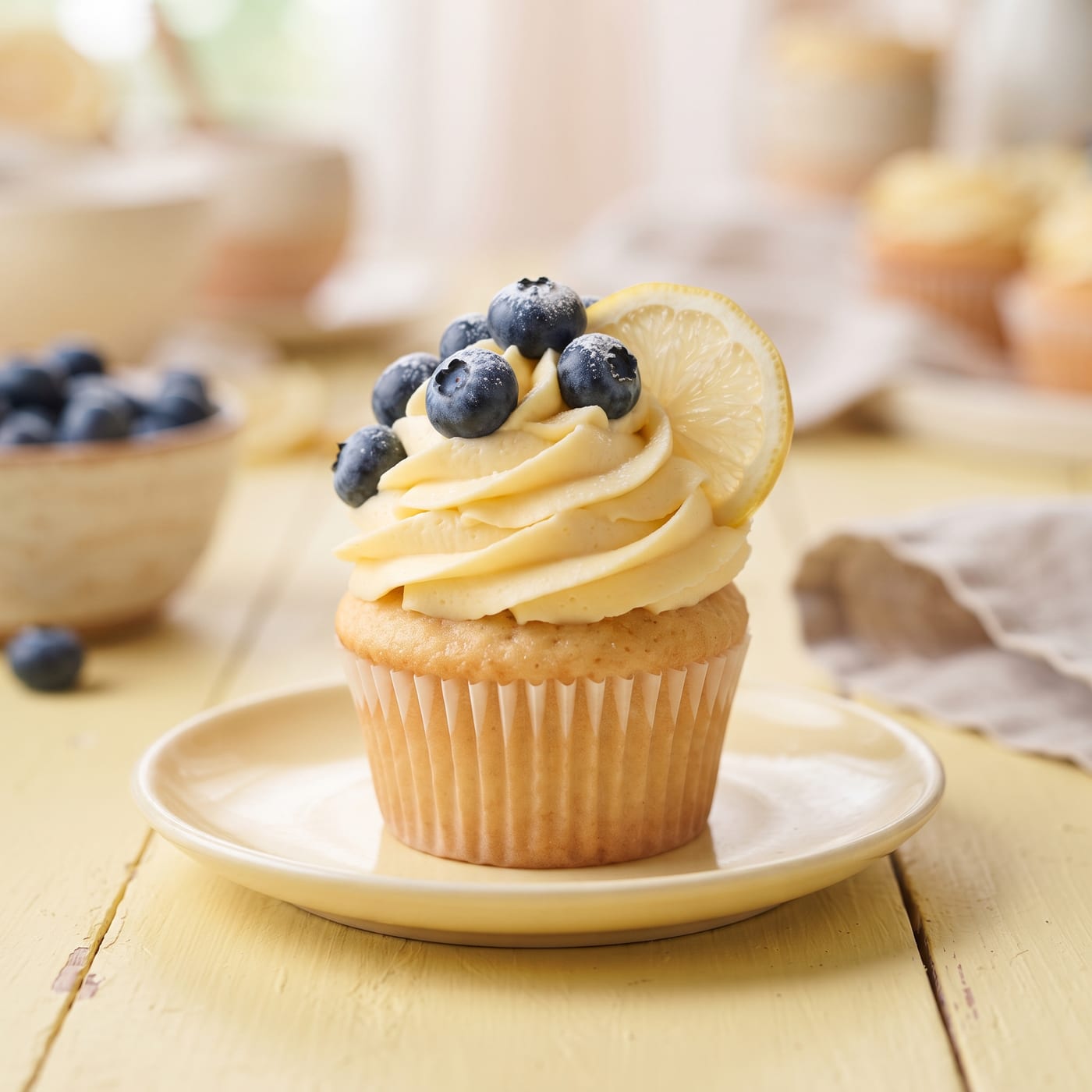 Close up of fresh blueberries and citrus slices arranged on cupcake frosting