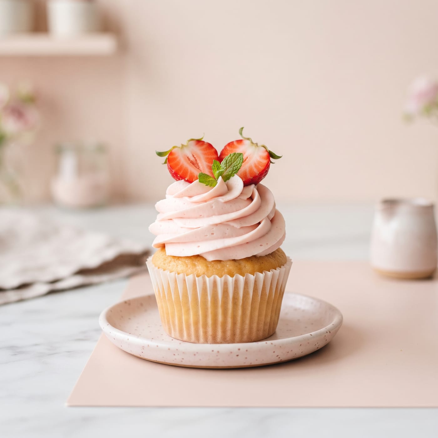 Cupcake topped with tall swirled frosting and fresh strawberry slices