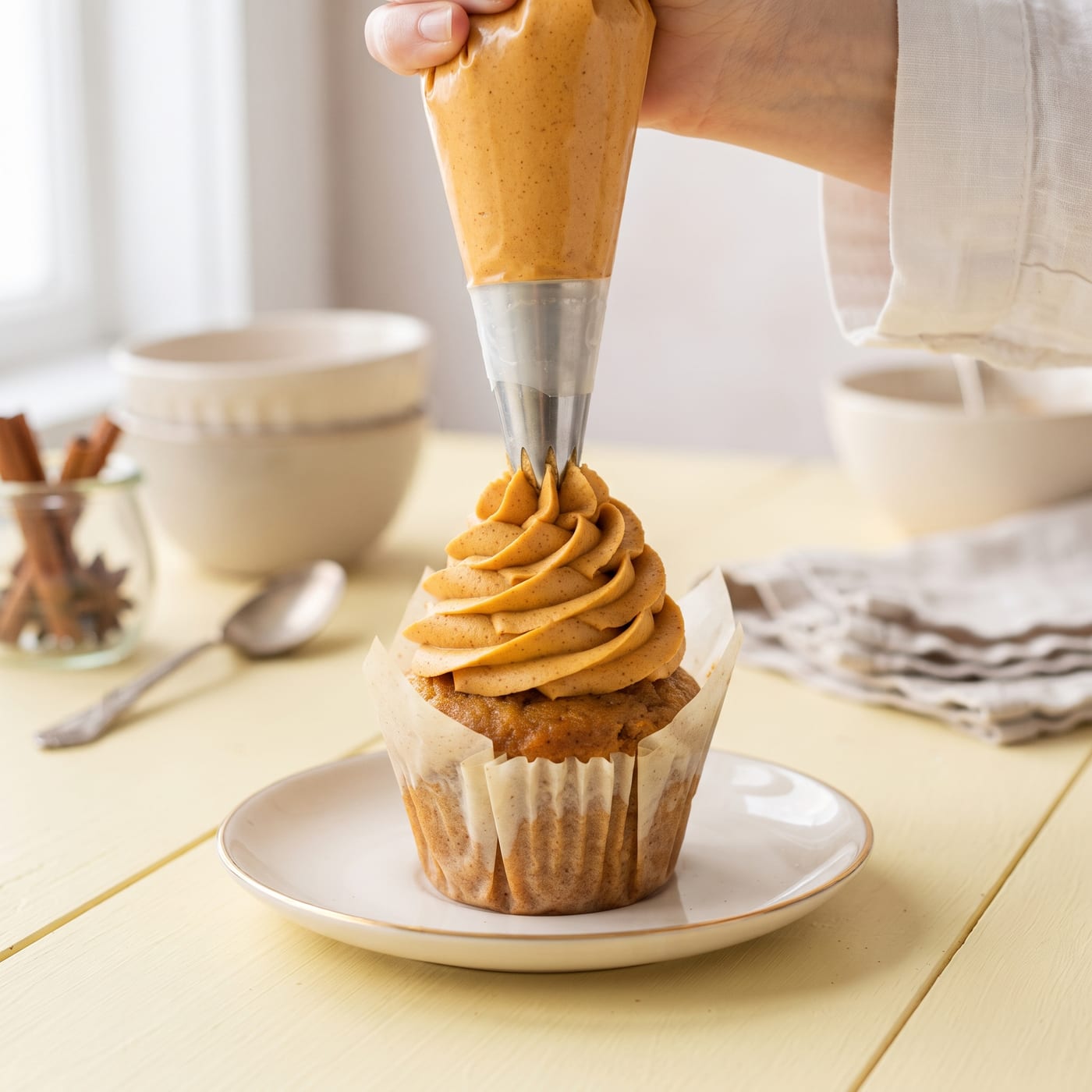 Hand piping tall orange frosting swirl onto a fall spice cupcake on a butter yellow background