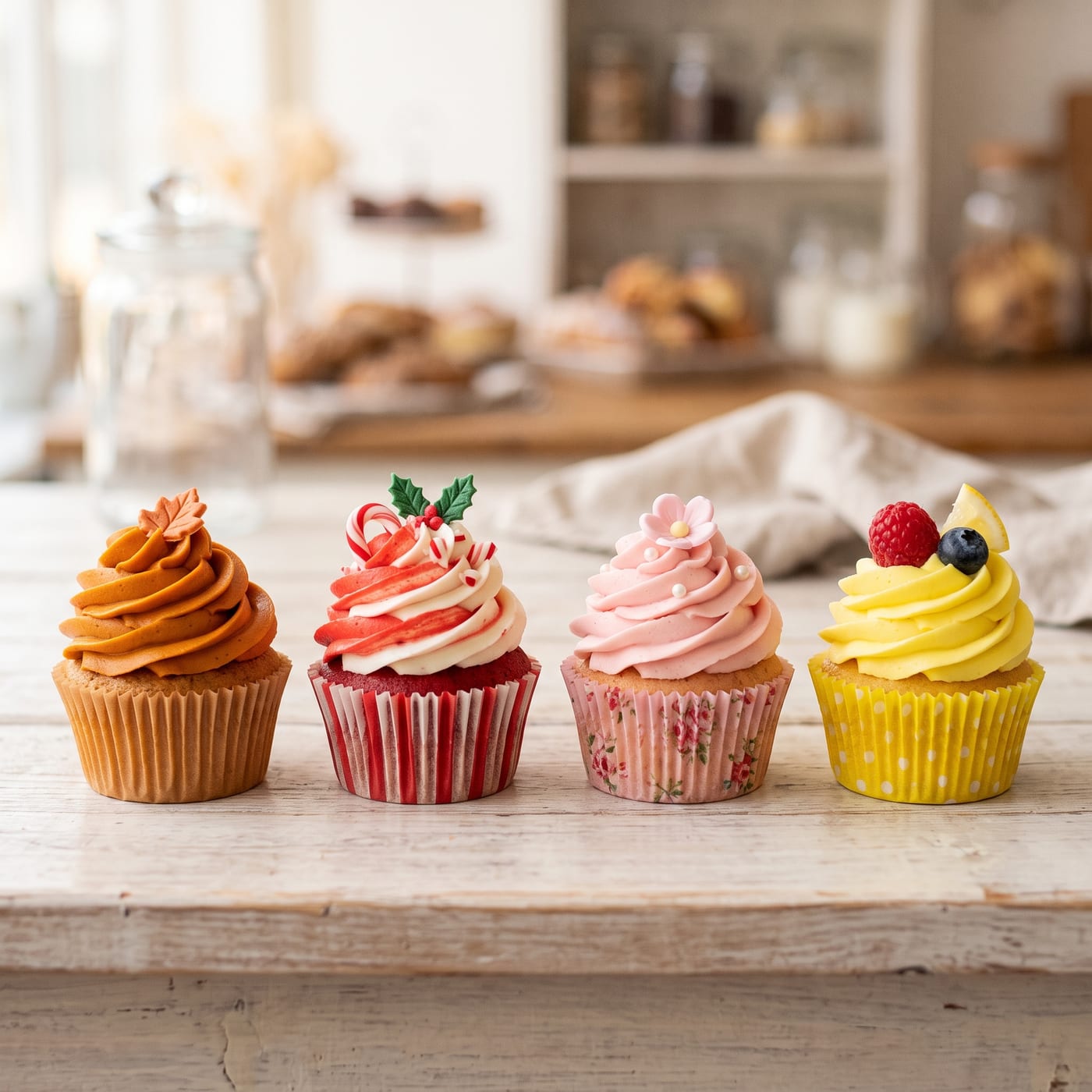 Four seasonal cupcakes with tall swirled frosting in fall, winter, spring, and summer colors on a pale wood board