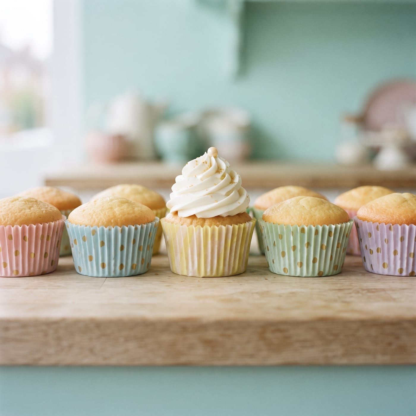 Row of baked cupcakes with matching dome heights from even liner filling