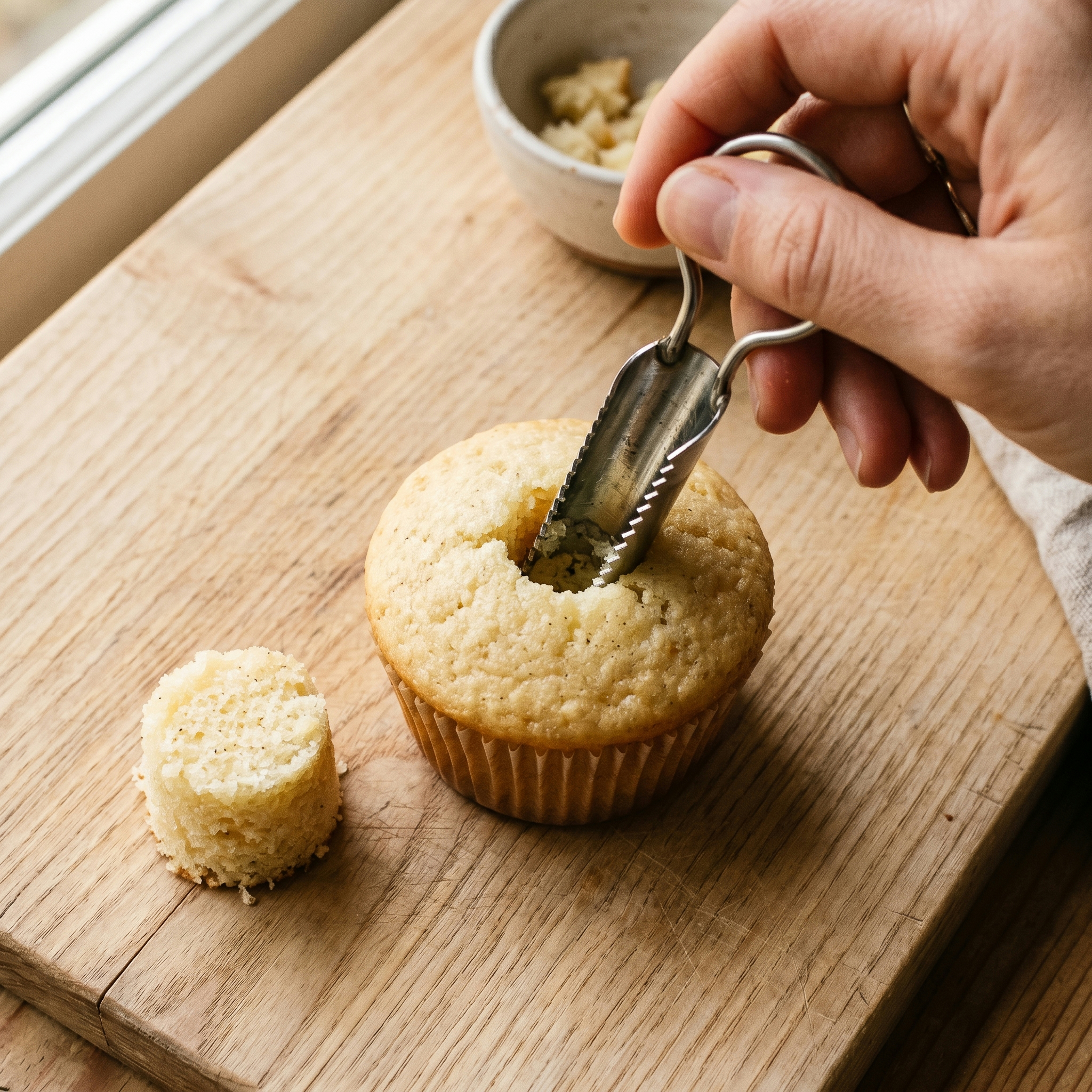 A metal cupcake corer pressing straight down into the center of a cooled cupcake to remove a clean crumb plug